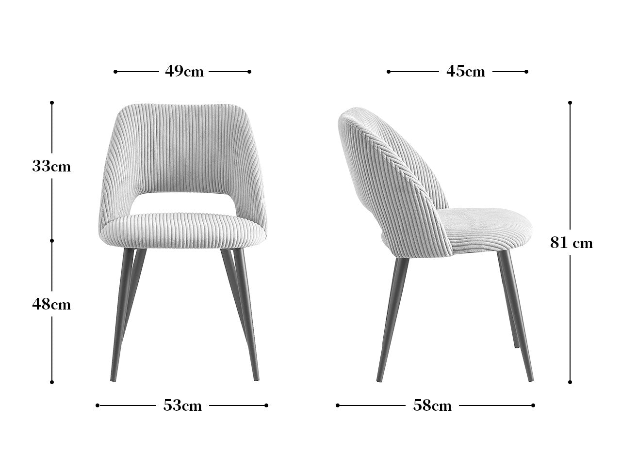 Maßbild für Esszimmerstühle 2er Set VICKY – Polsterstuhl aus Cordstoff mit Metallgestell | B&D home