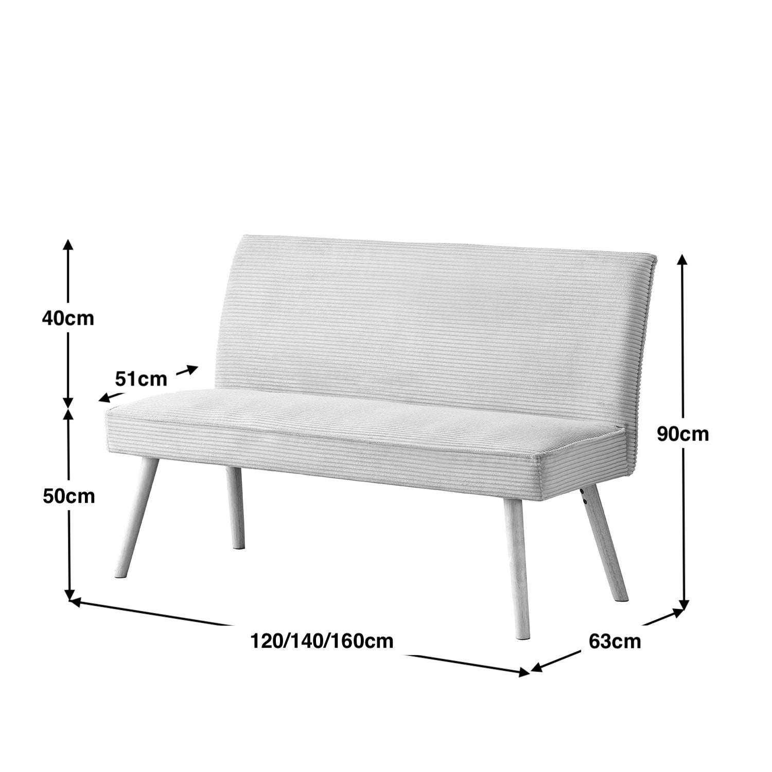 Maßbild für Sitzbank PAUL – Polsterbank mit Rückenlehne & Holzbeinen | B&D home