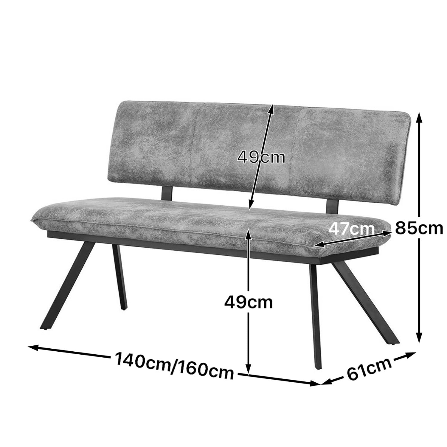 Maßbild für Sitzbank JUNA – Polsterbank mit Rückenlehne & Metallgestell | B&D home
