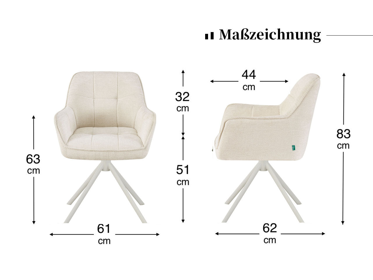 Maßbild für Esszimmerstühle THOMAS-DINA 2er Set | 360° drehbar mit Rückholfunktion | DUBI Möbel