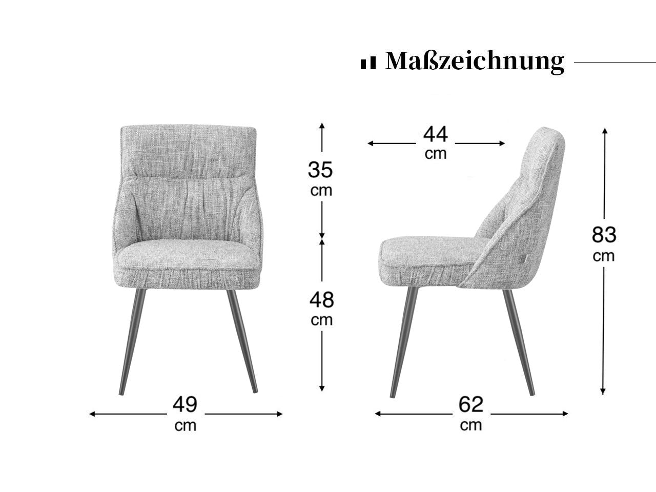 Maßbild für Esszimmerstühle MELINA 2er Set | zeitloser Polsterstuhl mit Metallbeinen | DUBI Möbel