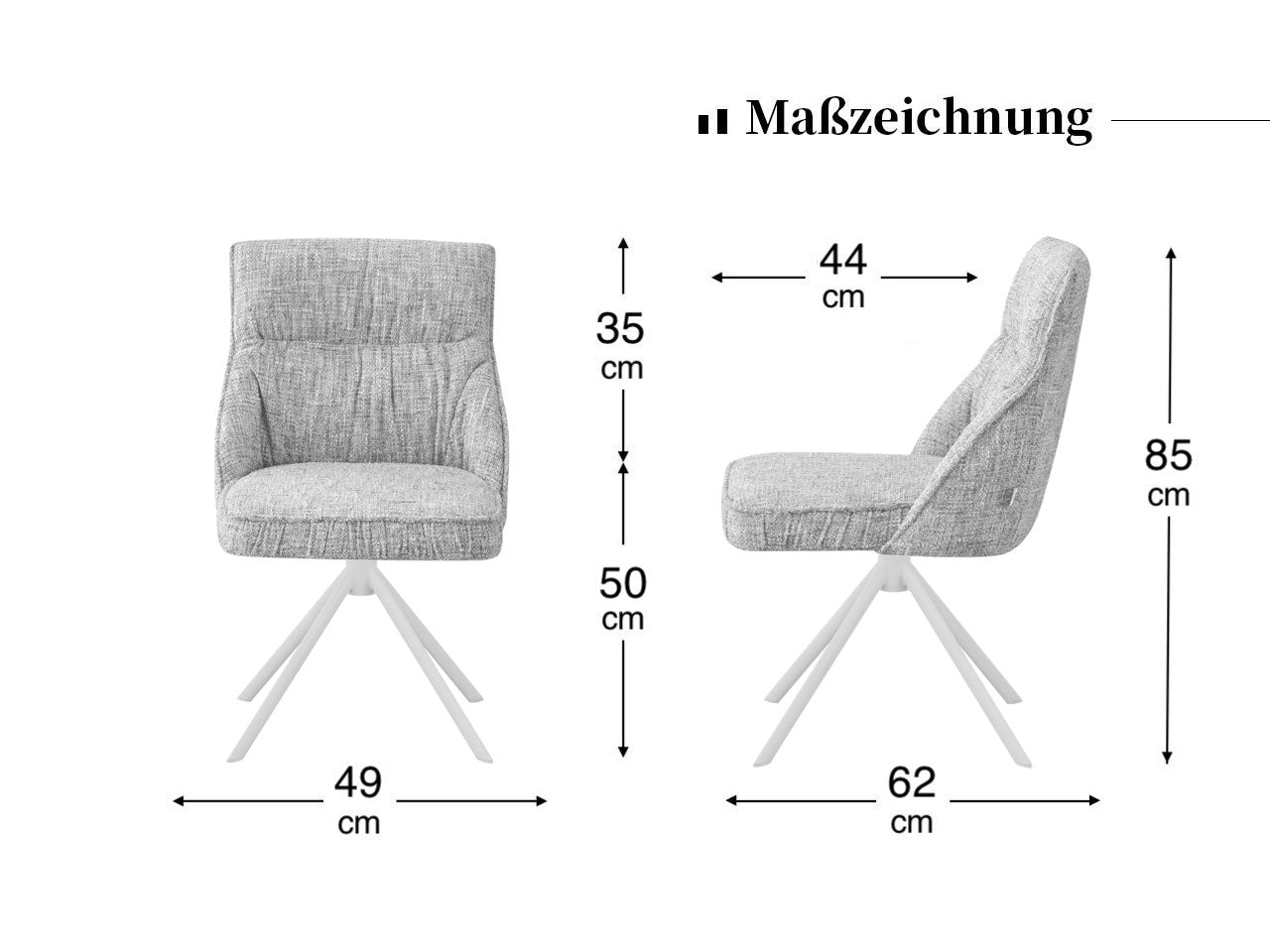 Maßbild für Esszimmerstühle LINNEA 2er Set | 360° drehbar mit Rückholfunktion | DUBI Möbel