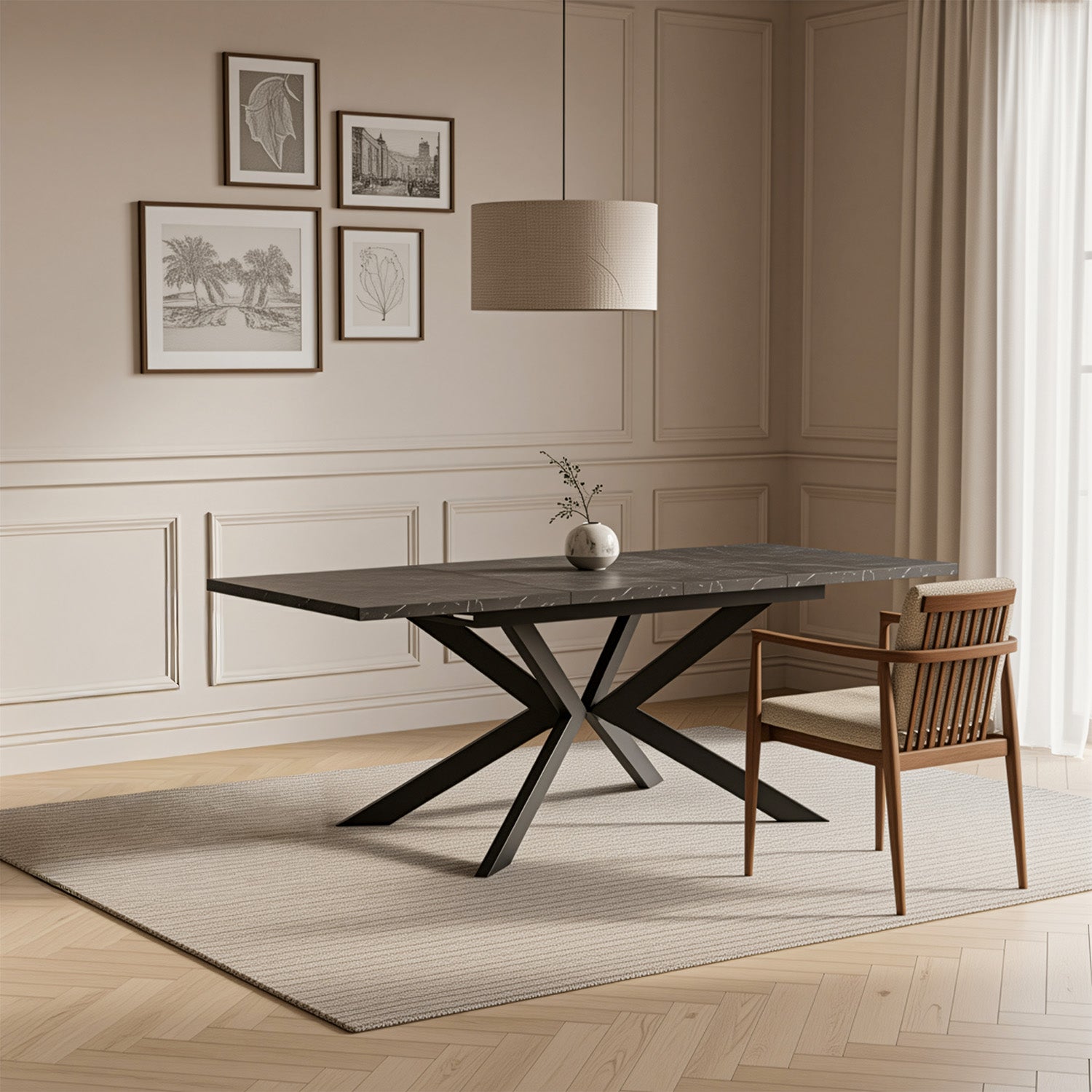 Ausziehtisch MALTE | mit 2 Einlegeplatten | 140-220x90x76 cm | Gestell Schwarz pulverbeschichtet | DUBI Möbel