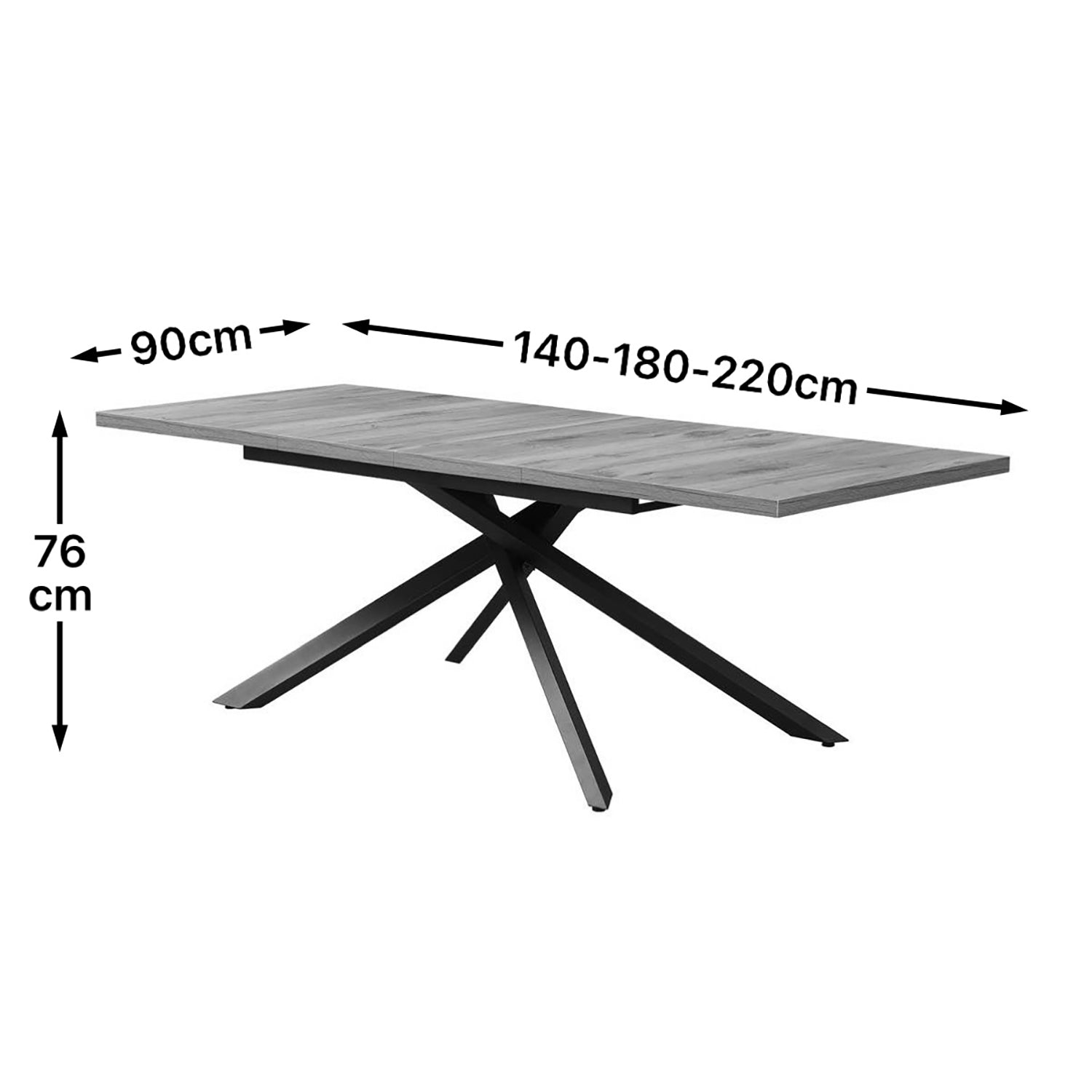 Maßbild für Ausziehtisch MALTE | mit 2 Einlegeplatten | 140-220x90x76 cm | Gestell Schwarz pulverbeschichtet | DUBI Möbel