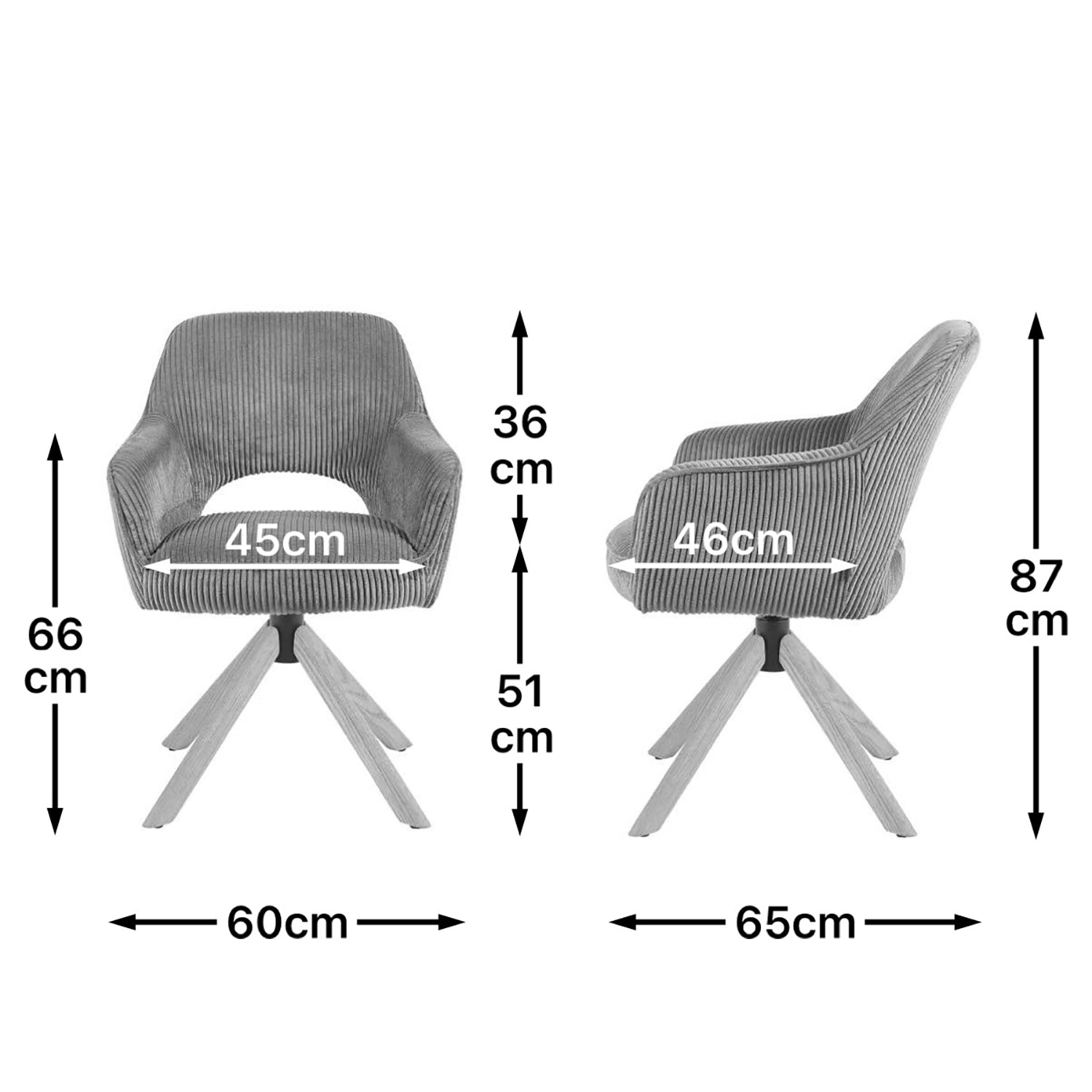 Maßbild für Esszimmerstuhl Mika-Lara 2er-Set | 360° drehbar | Rückstellfunktion | Eiche geölt Natur | DUBI Möbel