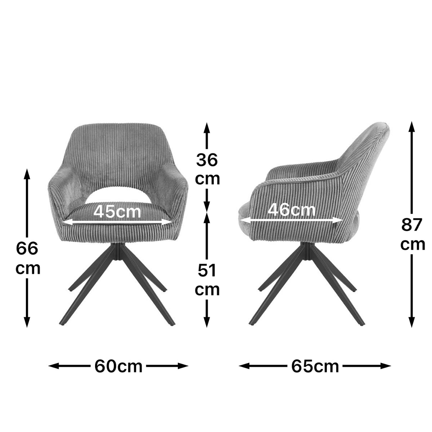 Maßbild für Esszimmerstuhl Mika-Nils 2er-Set | 360° drehbar | Metall pulverbeschichtet Matt-Schwarz | DUBI Möbel
