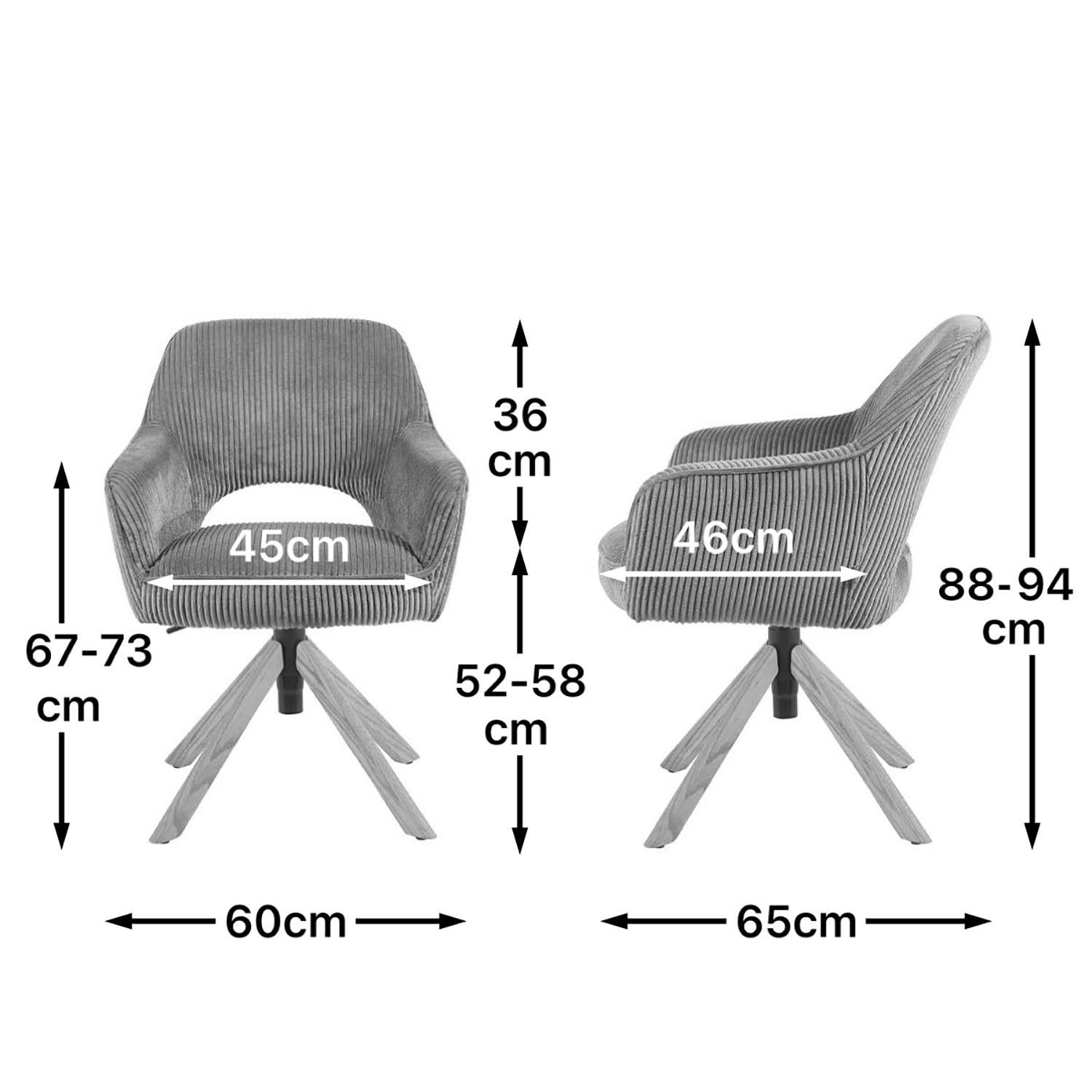 Maßbild für Esszimmerstuhl Mika-Amia 2er-Set | 360° drehbar | höhenverstellbar | Eiche geölt Natur | DUBI Möbel