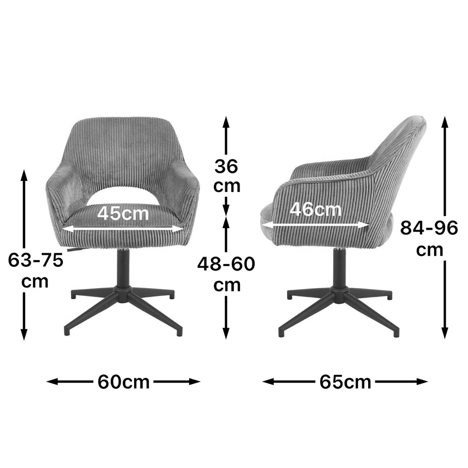 Maßbild für Esszimmerstuhl Mika-Bryn 2er-Set | 360° drehbar | höhenverstellbar | Metall pulverbeschichtet Matt-Schwarz | DUBI Möbel