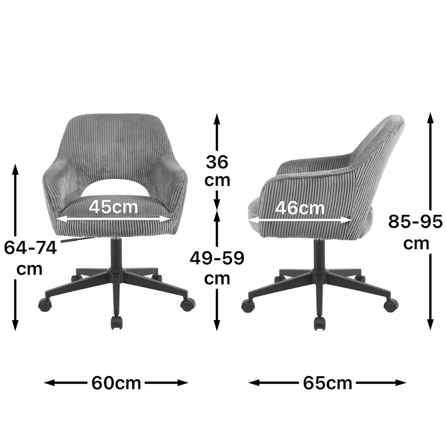 Maßbild für Bürostuhl Mika-Ilvy 2er-Set | mit Rollen | 360° drehbar | höhenverstellbar | pulverbeschichtet Matt-Schwarz | DUBI Möbel
