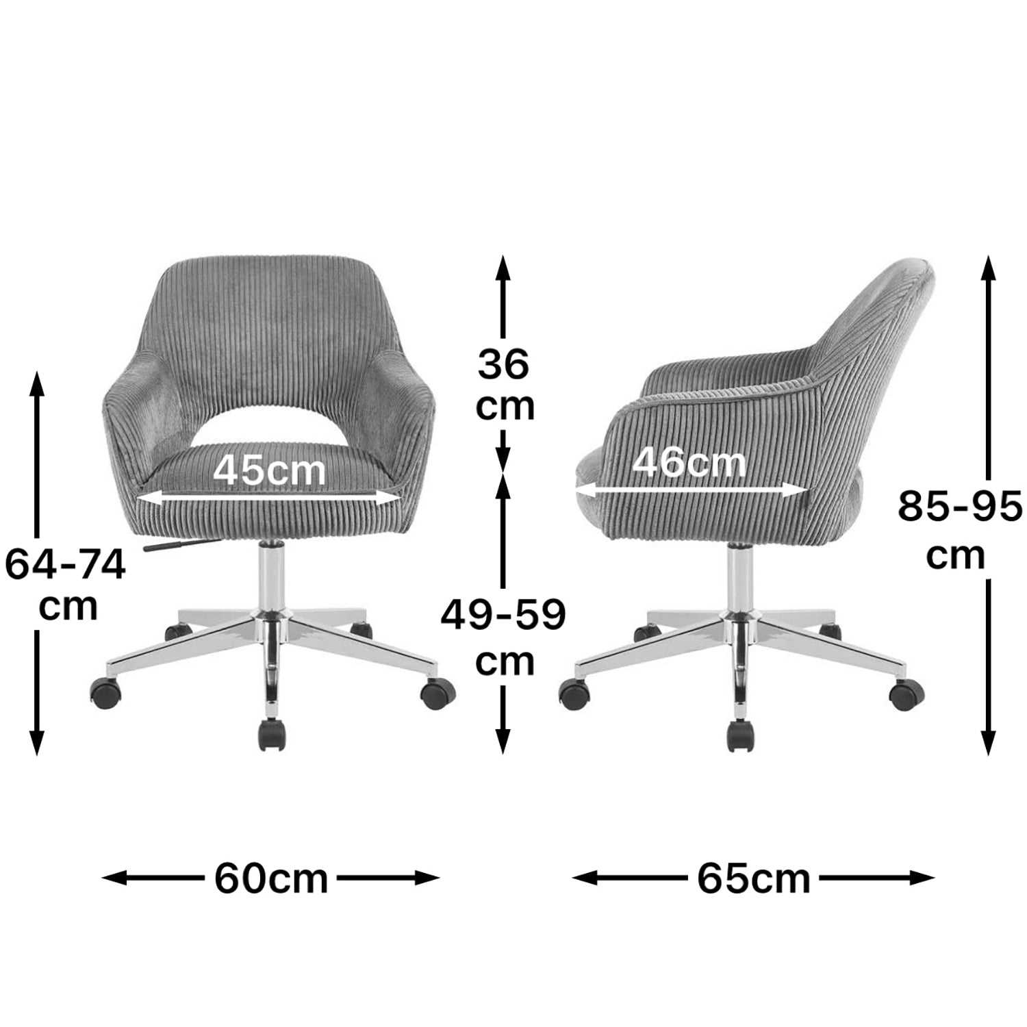 Maßbild für Bürostuhl Mika-Faro 2er-Set | mit Rollen | 360° drehbar | höhenverstellbar | Chrom | DUBI Möbel
