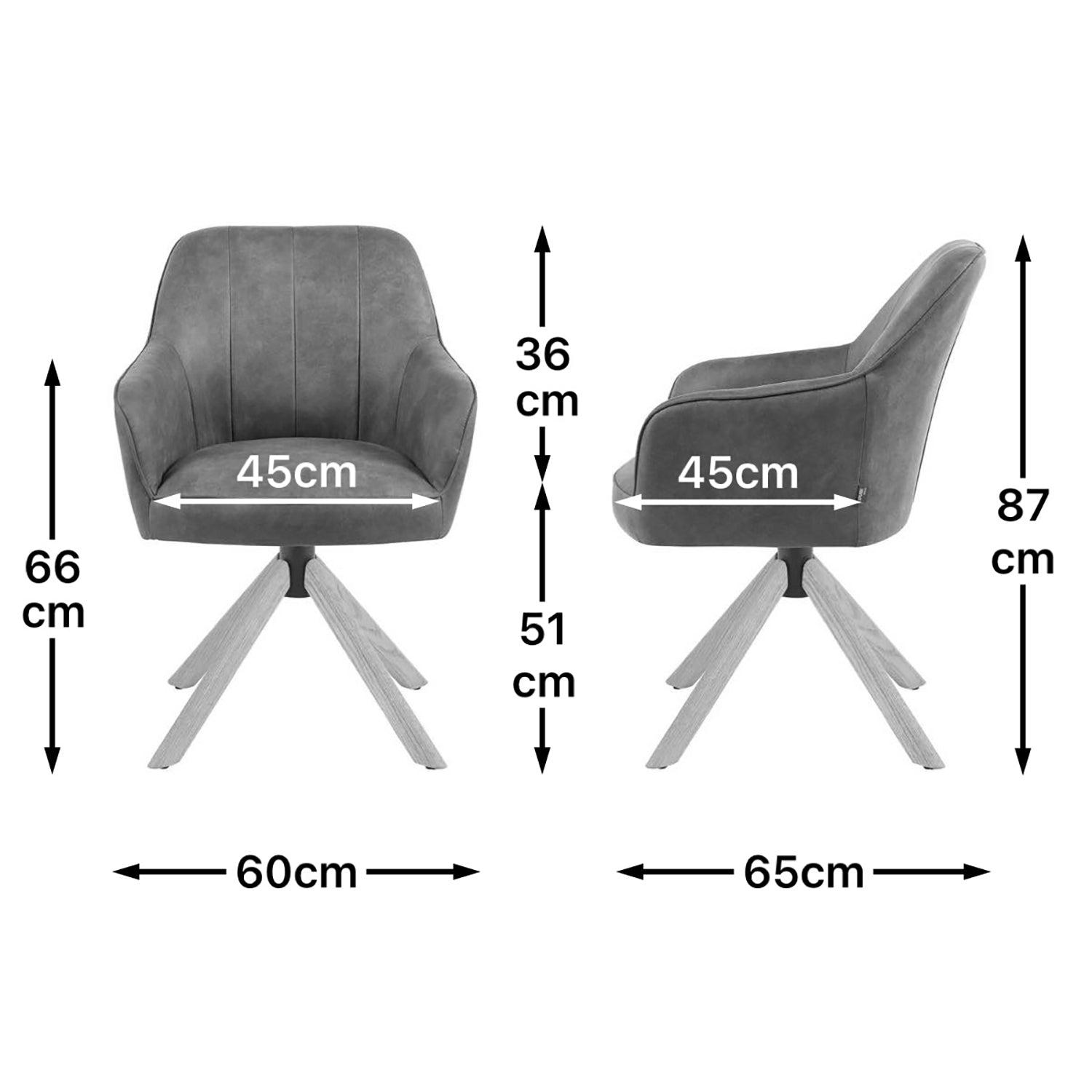 Maßbild für Esszimmerstuhl Mika-Levi 2er-Set | 360° drehbar | Rückstellfunktion | Eiche geölt Natur | DUBI Möbel