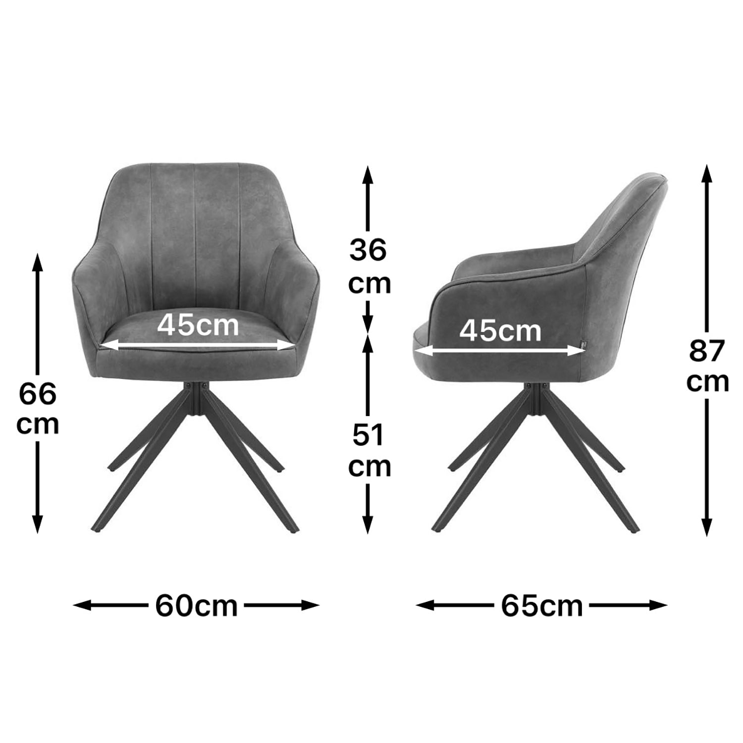 Maßbild für Esszimmerstuhl Mika-Timo 2er-Set | 360° drehbar | Metall pulverbeschichtet Matt-Schwarz | DUBI Möbel