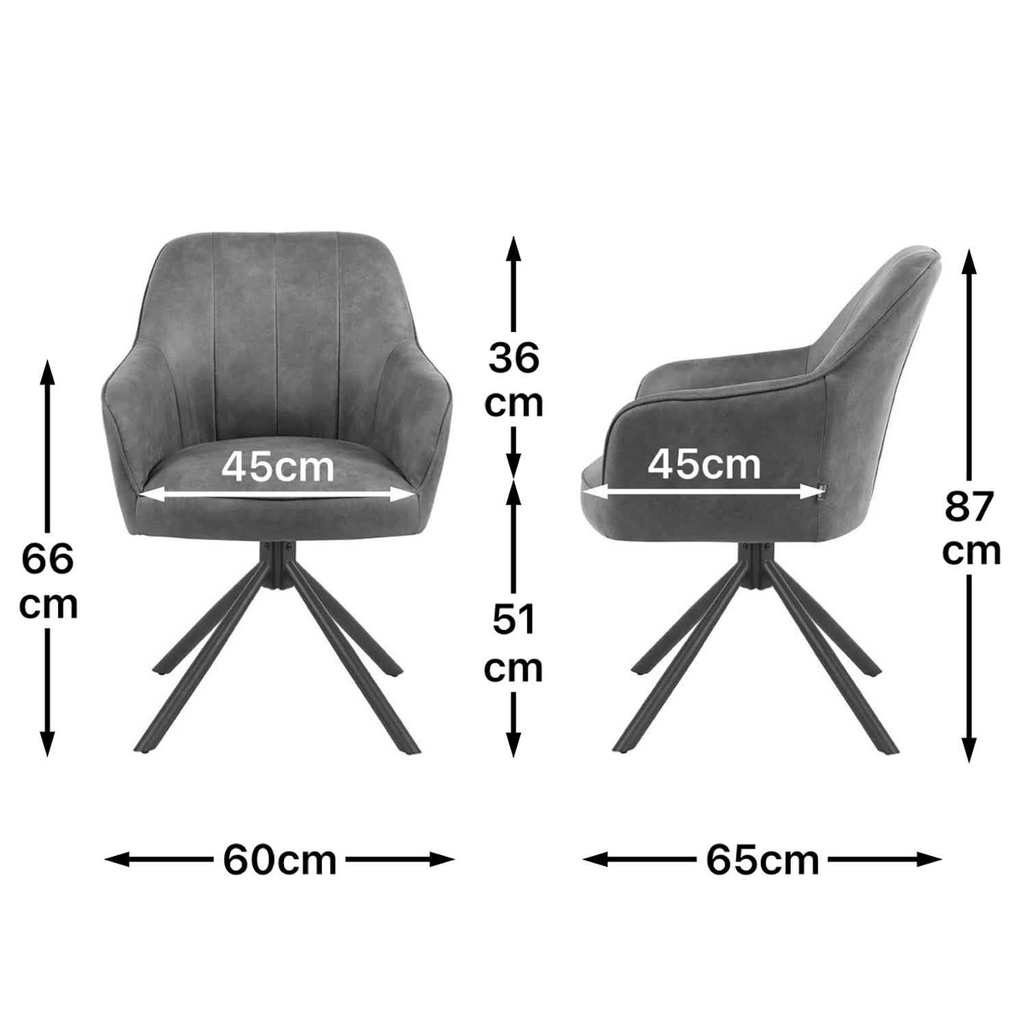 Maßbild für Esszimmerstuhl Mika-Piet 2er-Set | 360° drehbar | Metall pulverbeschichtet Matt Schwarz | DUBI Möbel