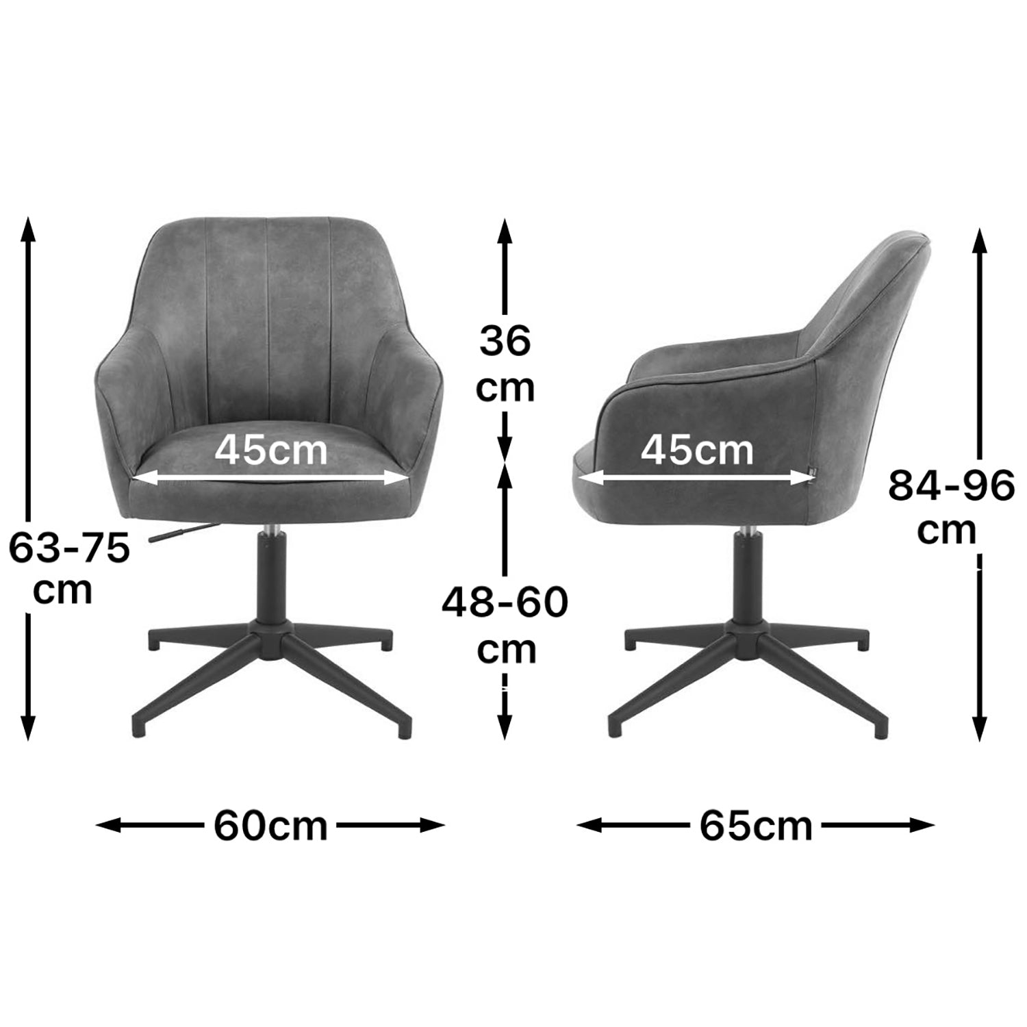 Maßbild für Esszimmerstuhl Mika-Elin 2er-Set | 360° drehbar | höhenverstellbar | Metall pulverbeschichtet Matt-Schwarz | DUBI Möbel