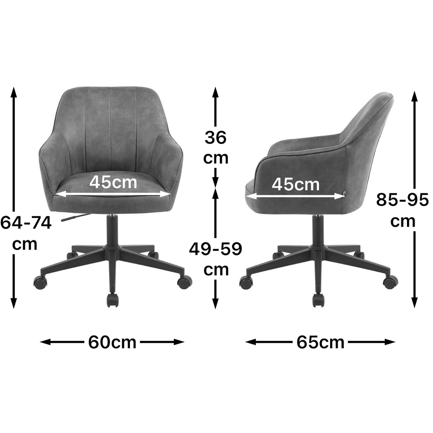 Maßbild für Bürostuhl Mika-Nika 2er-Set | mit Rollen | 360° drehbar | höhenverstellbar | pulverbeschichtet Matt-Schwarz | DUBI Möbel