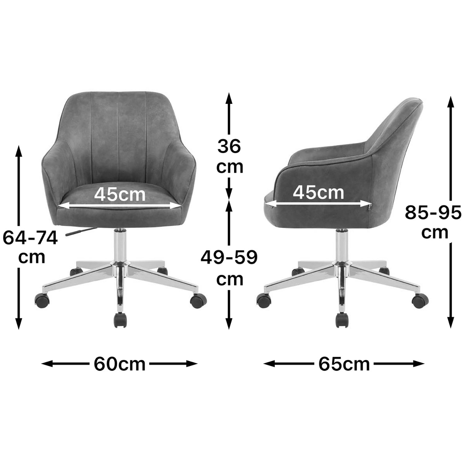 Maßbild für Bürostuhl Mika-Lian 2er-Set | mit Rollen | 360° drehbar | höhenverstellbar | Chrom | DUBI Möbel