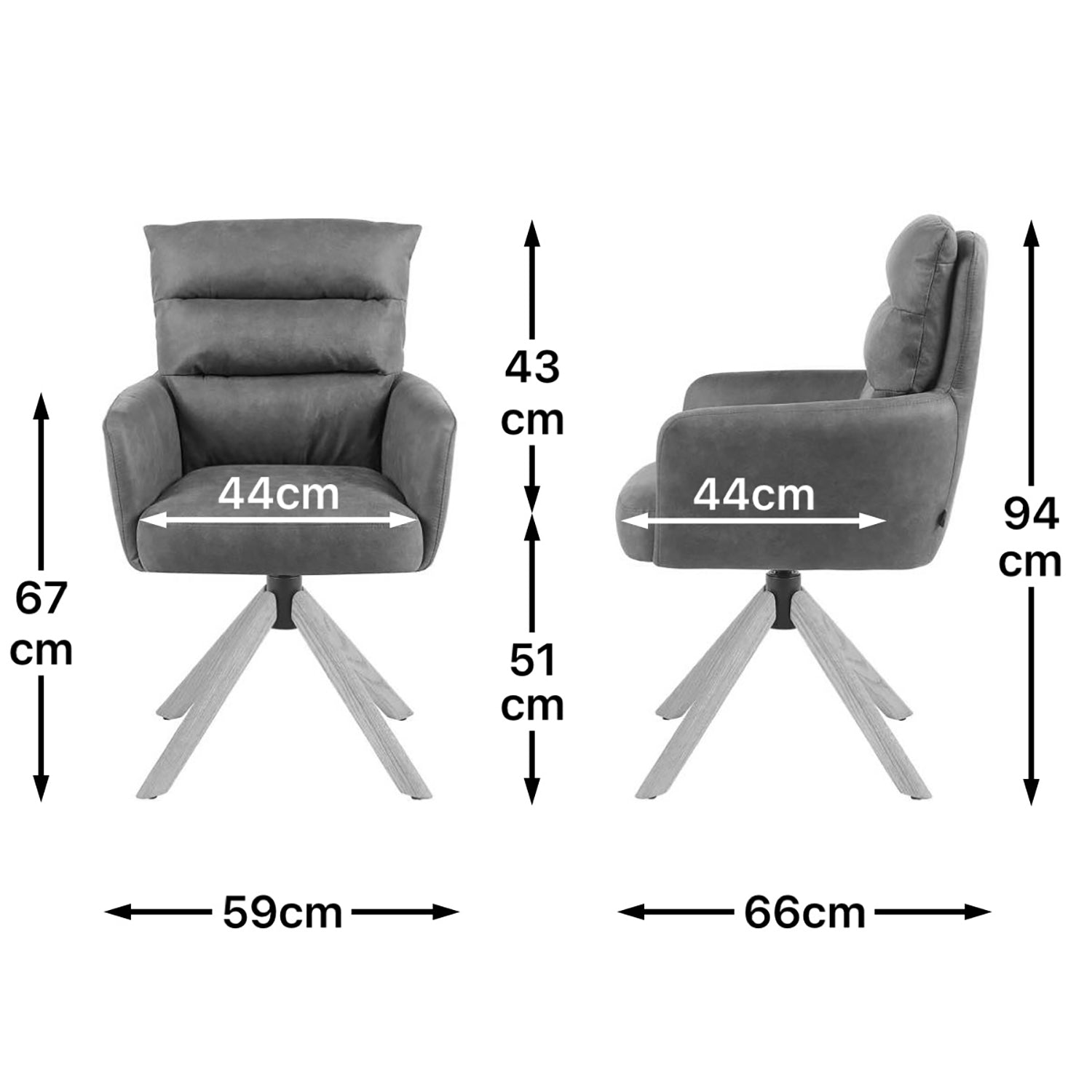 Maßbild für Esszimmerstuhl Mika-Jule 2er-Set | 360° drehbar | Rückstellfunktion | Eiche geölt Natur | DUBI Möbel