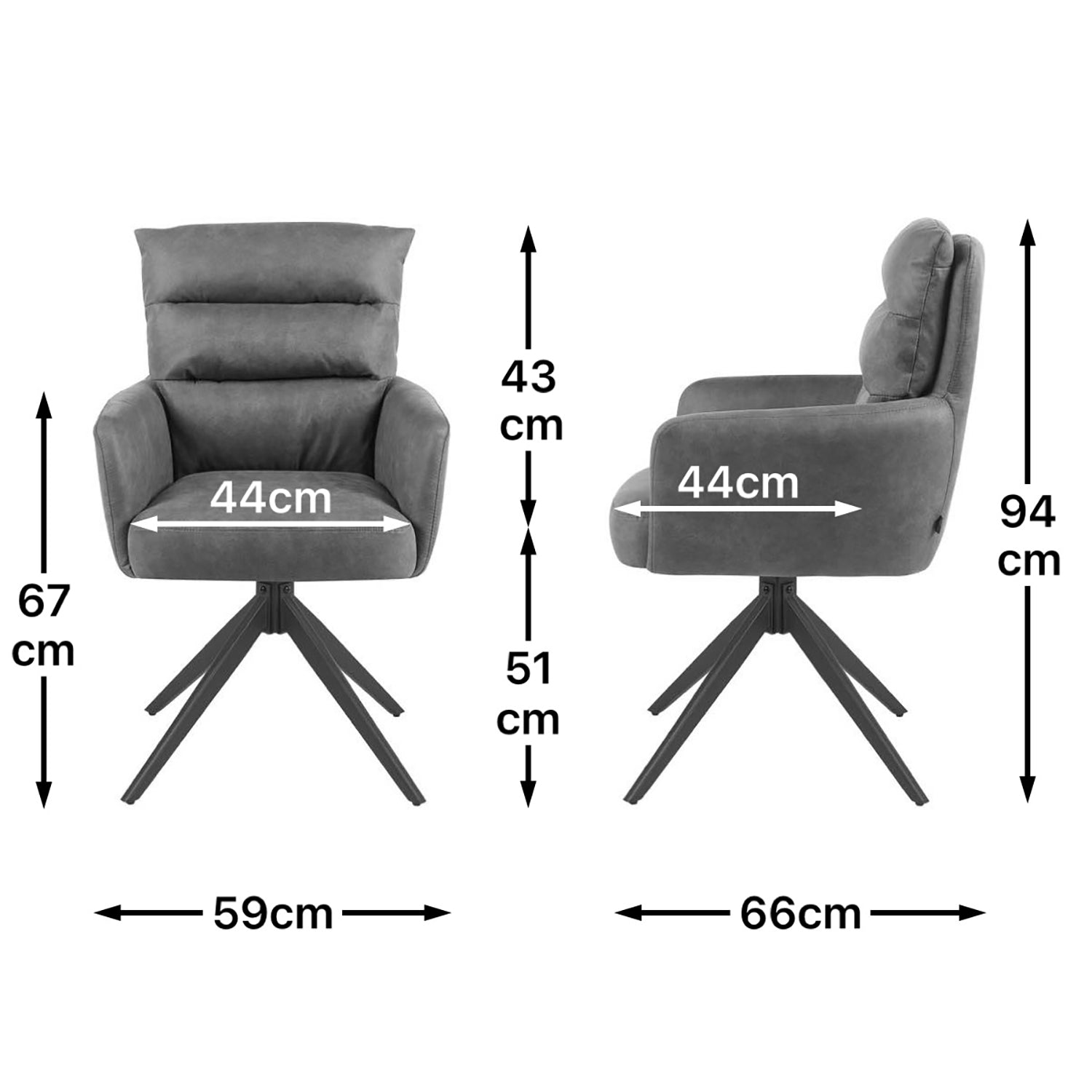Maßbild für Esszimmerstuhl Mika-Alva 2er-Set | 360° drehbar | Metall pulverbeschichtet Matt-Schwarz | DUBI Möbel