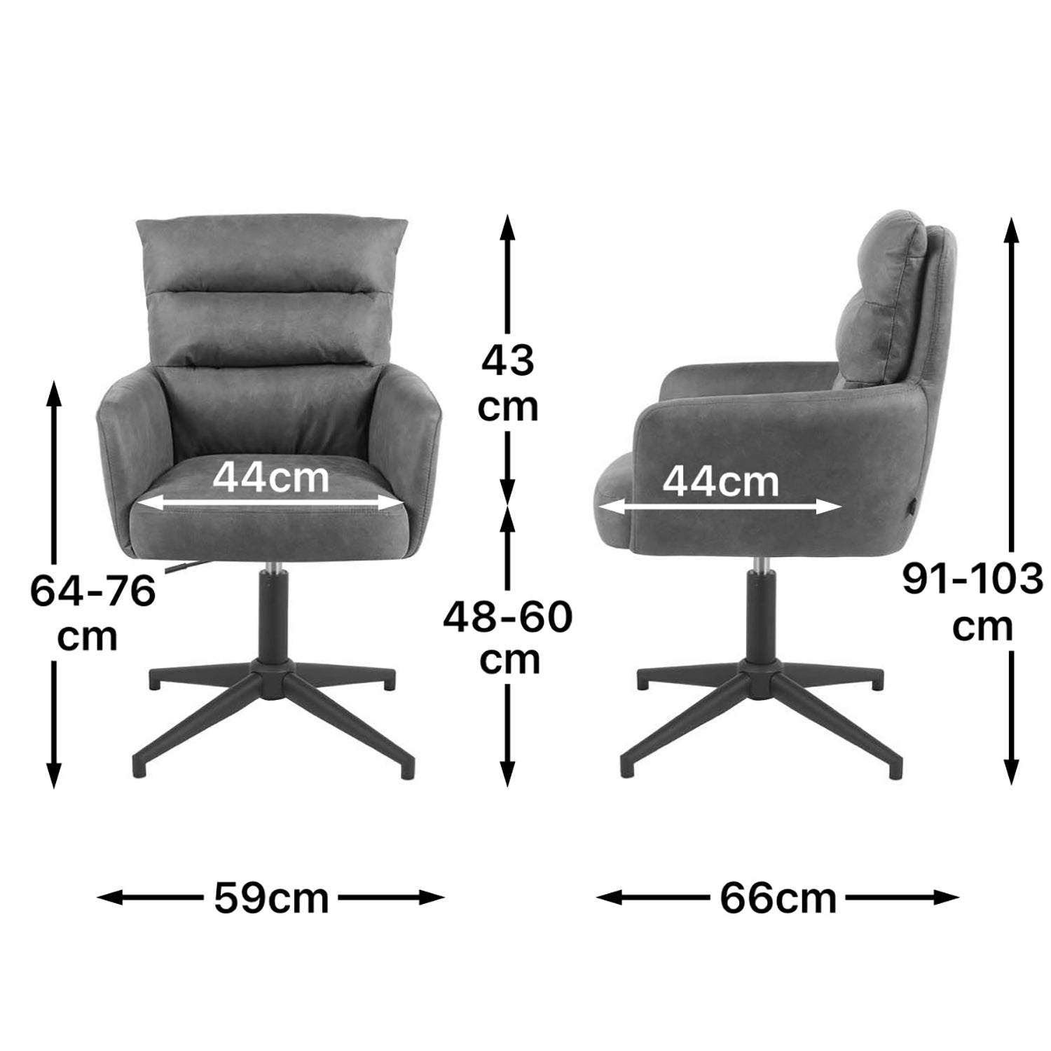 Maßbild für Esszimmerstuhl Mika-Romy 2er-Set | 360° drehbar | höhenverstellbar | Metall pulverbeschichtet Matt-Schwarz | DUBI Möbel
