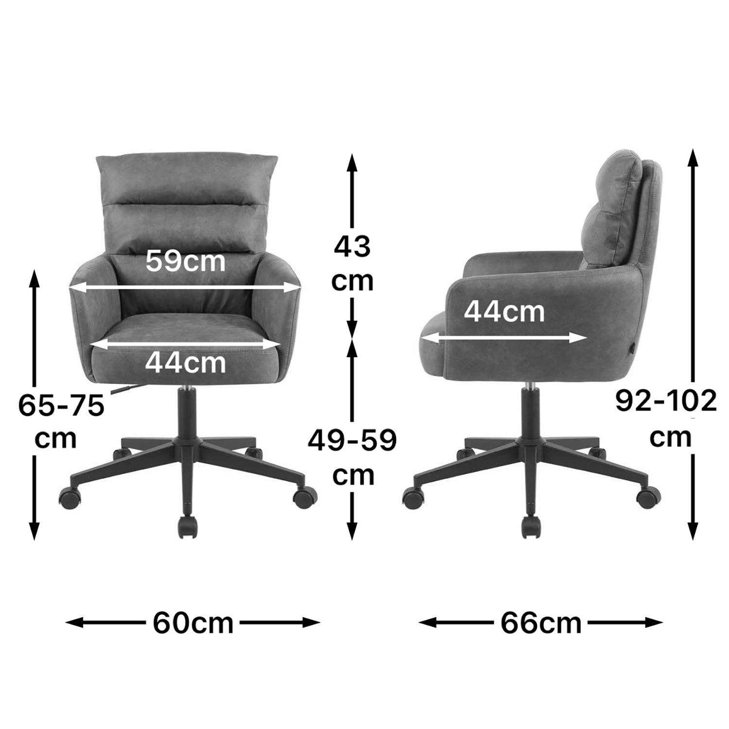 Maßbild für Bürostuhl Mika-Riko 2er-Set | mit Rollen | 360° drehbar | höhenverstellbar | pulverbeschichtet Matt-Schwarz | DUBI Möbel