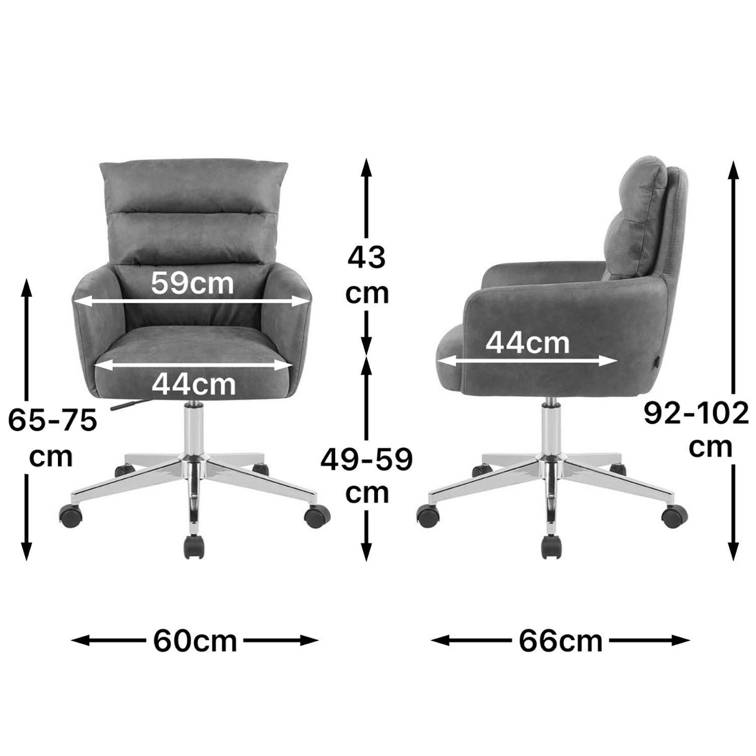 Maßbild für Bürostuhl Mika-Svenja 2er-Set | mit Rollen | 360° drehbar | höhenverstellbar | Chrom | DUBI Möbel