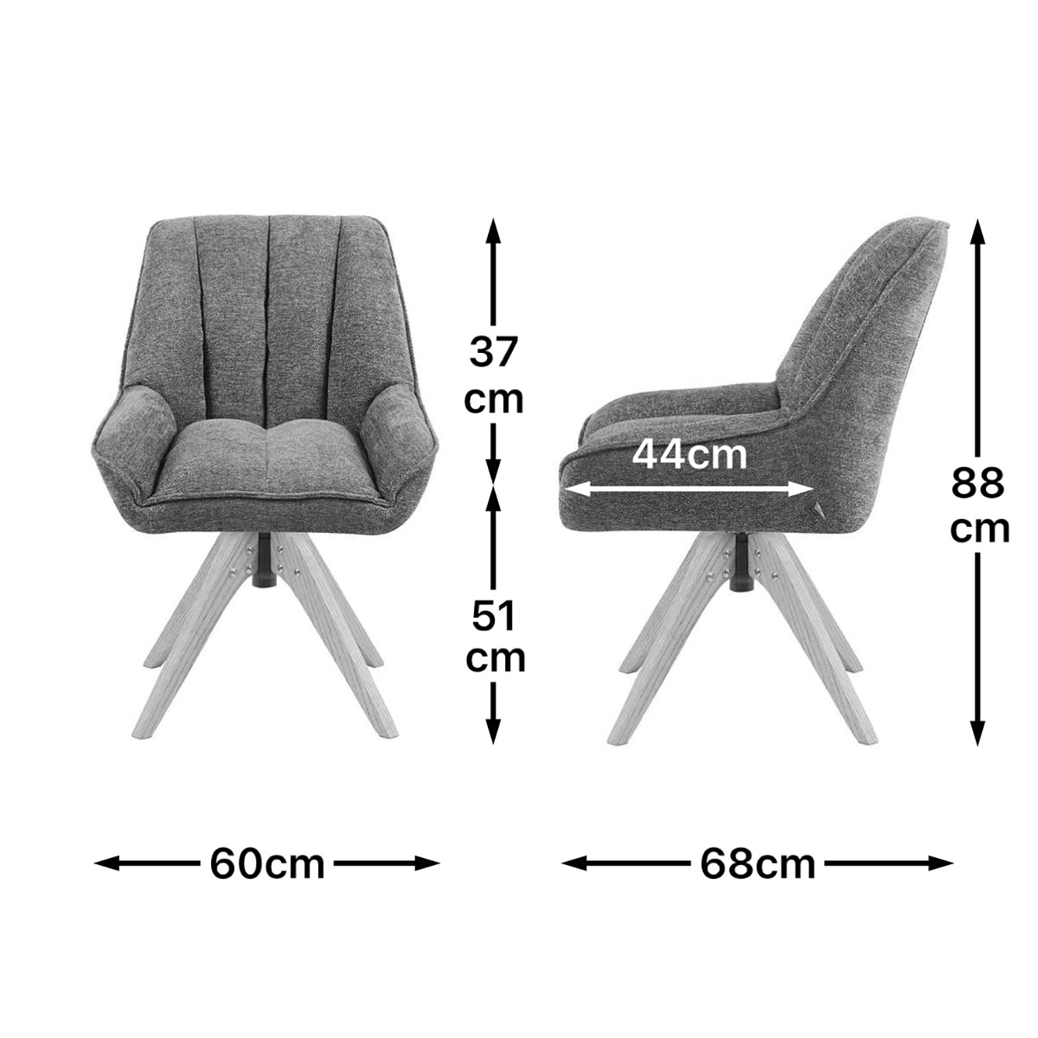 Maßbild für Esszimmerstuhl Mika-Lio 2er-Set |360° drehbar | Eiche geölt Natur | DUBI Möbel
