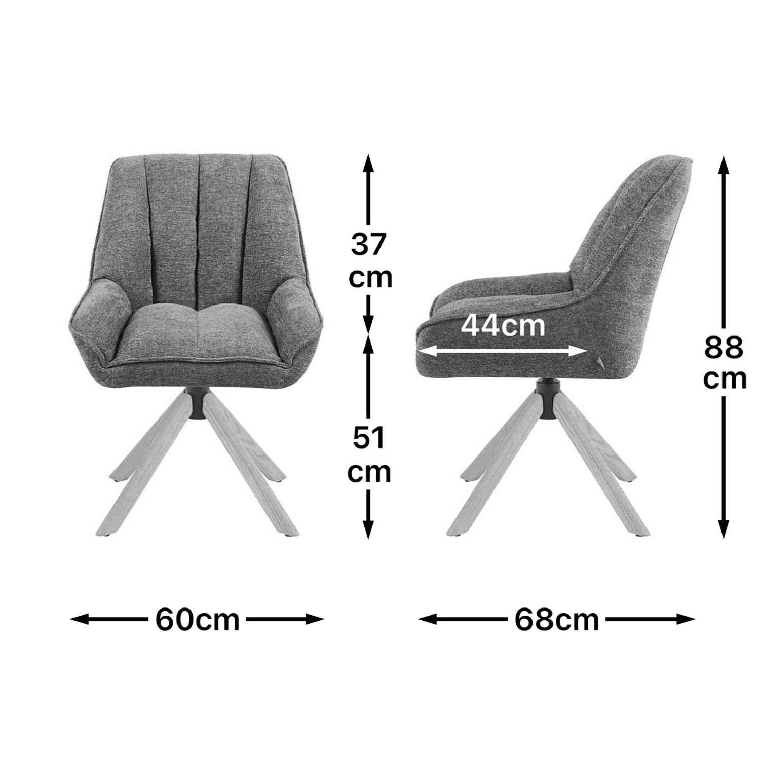 Maßbild für Esszimmerstuhl Mika-Leon 2er-Set | 360° drehbar | Rückstellfunktion | Eiche geölt Natur | DUBI Möbel