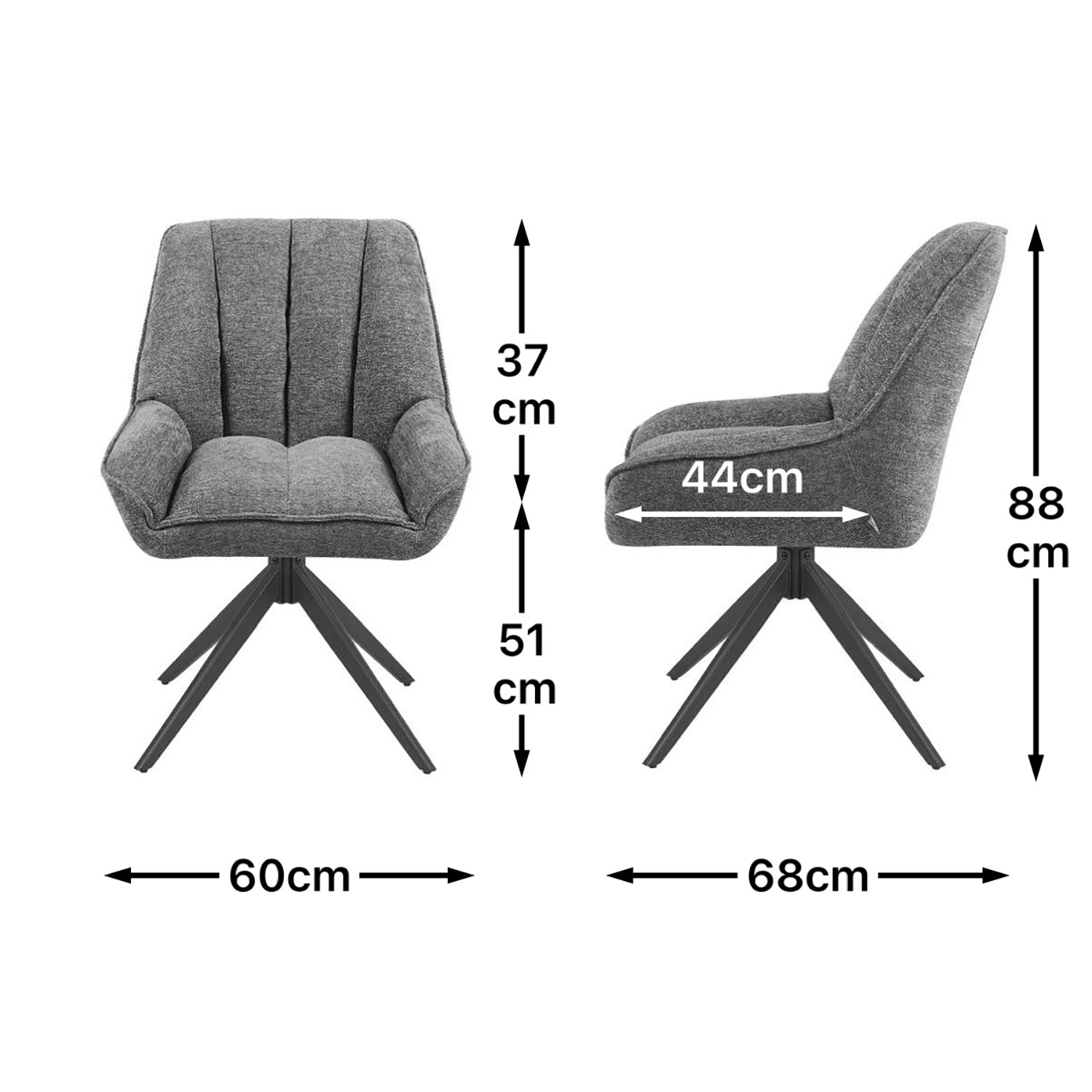 Maßbild für Esszimmerstuhl Mika-Zoe 2er-Set | 360° drehbar | Metall pulverbeschichtet Matt-Schwarz | DUBI Möbel