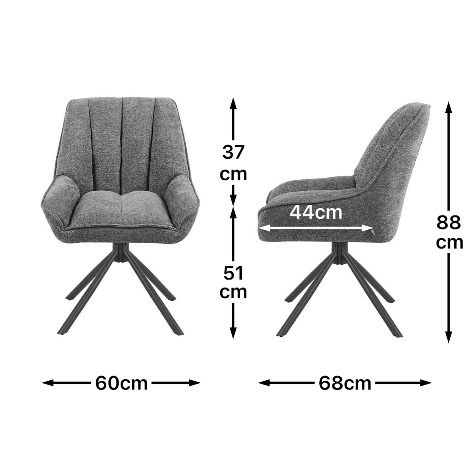 Maßbild für Esszimmerstuhl Mika-Mira 2er-Set | 360° drehbar Metall pulverbeschichtet Matt Schwarz | DUBI Möbel