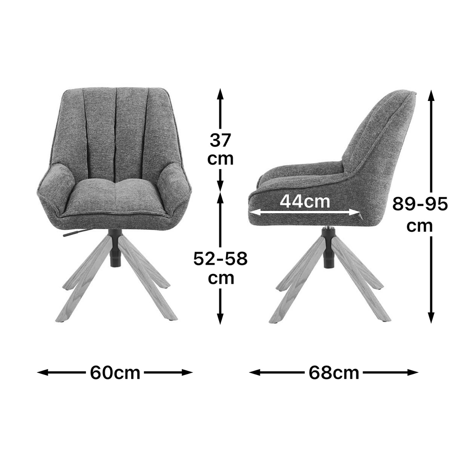 Maßbild für Esszimmerstuhl Mika-Hedi 2er-Set | 360° drehbar | höhenverstellbar | Eiche geölt Natur | DUBI Möbel