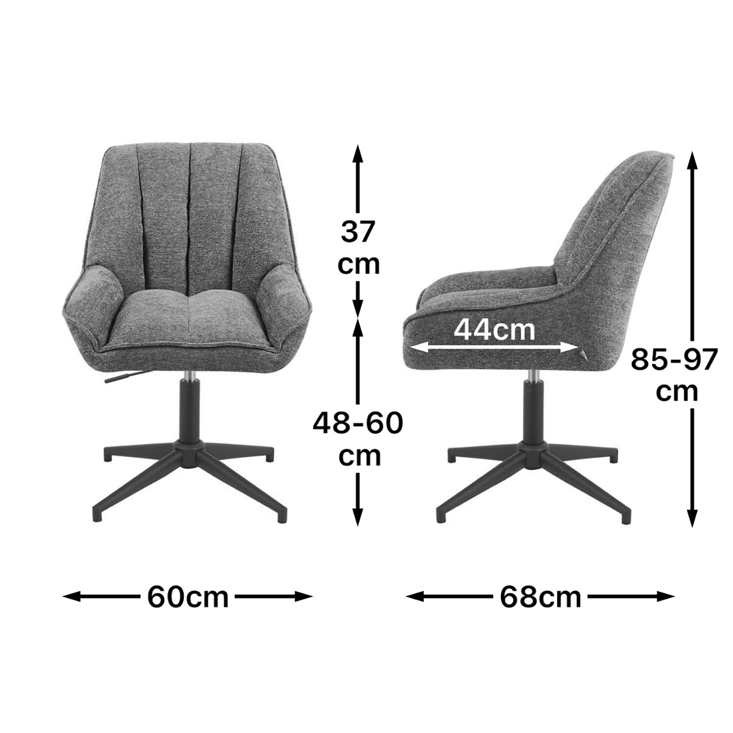 Maßbild für Esszimmerstuhl Mika-Yara 2er-Set | 360° drehbar | höhenverstellbar | Metall pulverbeschichtet Matt-Schwarz | DUBI Möbel