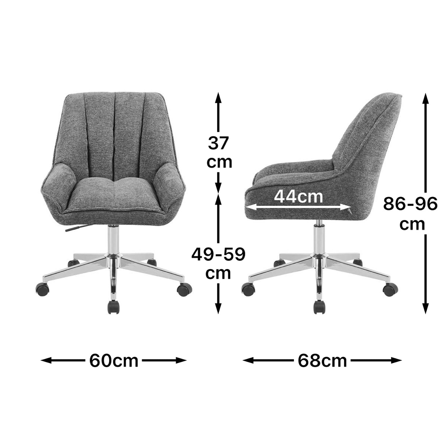 Maßbild für Bürostuhl Mika-Jette 2er-Set | mit Rollen | 360° drehbar | höhenverstellbar | pulverbeschichtet Matt-Schwarz | DUBI Möbel