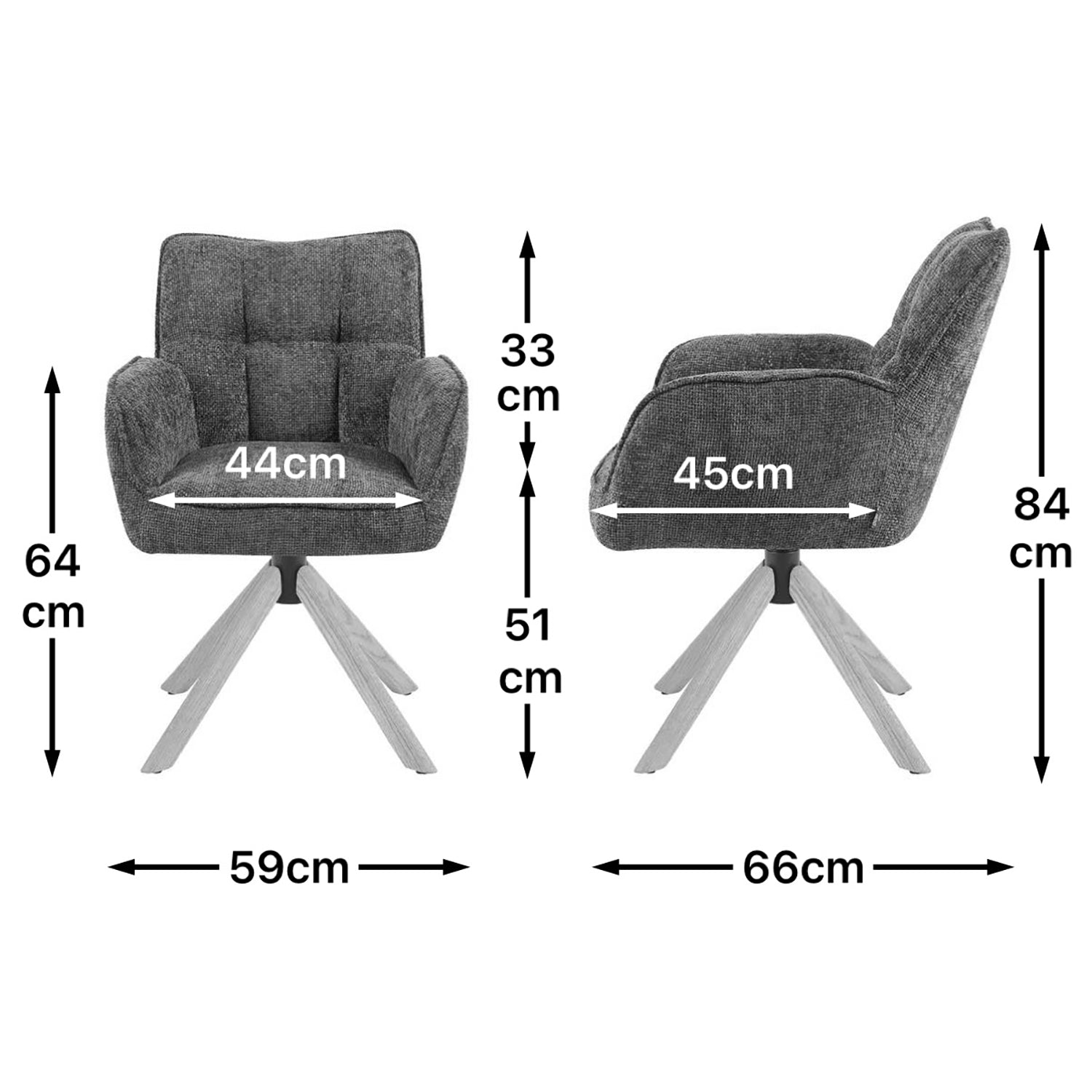 Maßbild für Esszimmerstuhl Mika-Ida 2er-Set | 360° drehbar | Rückstellfunktion | Eiche geölt Natur | DUBI Möbel