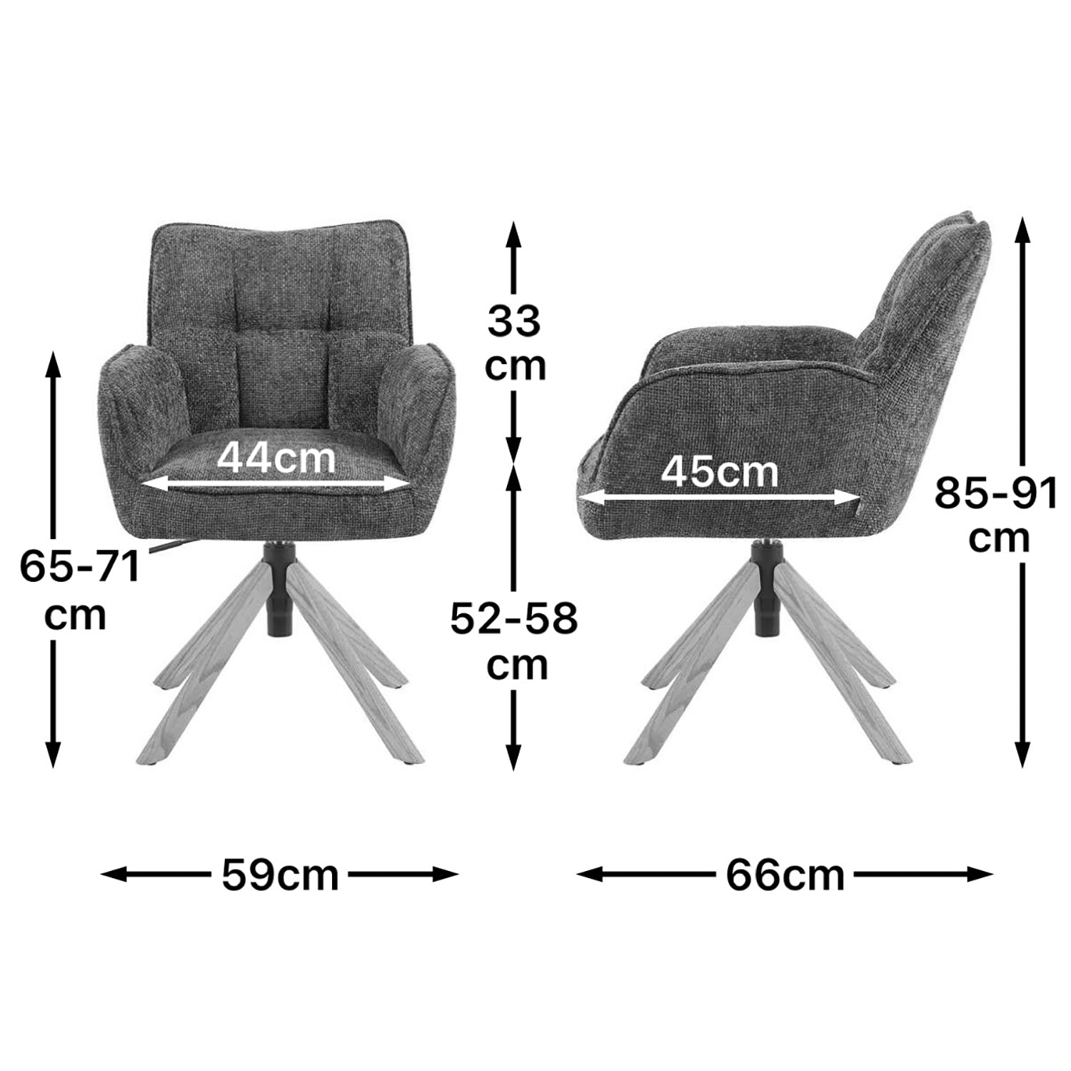 Maßbild für Esszimmerstuhl Mika-Keno 2er-Set | 360° drehbar | höhenverstellbar | Eiche geölt Natur | DUBI Möbel