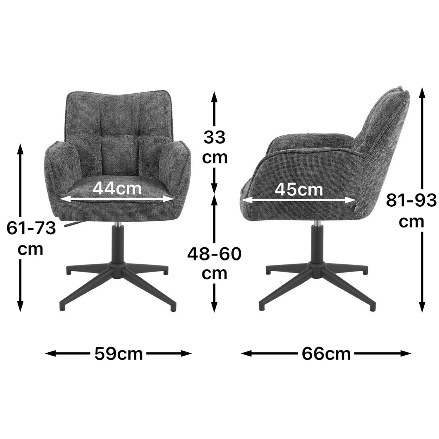 Maßbild für Esszimmerstuhl Mika-Lea 2er-Set | 360° drehbar | höhenverstellbar | Metall pulverbeschichtet Matt-Schwarz | DUBI Möbel