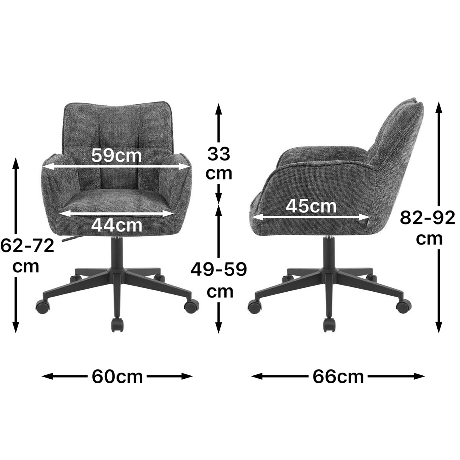 Maßbild für Bürostuhl Mika-Sven 2er-Set | mit Rollen | 360° drehbar | höhenverstellbar | pulverbeschichtet Matt-Schwarz | DUBI Möbel