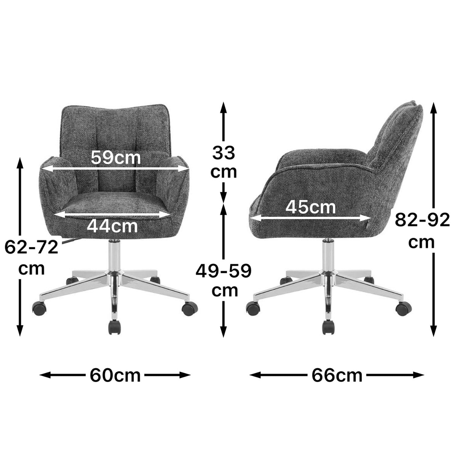 Maßbild für Bürostuhl Mika-Tabea 2er-Set | mit Rollen | 360° drehbar | höhenverstellbar | Chrom | DUBI Möbel
