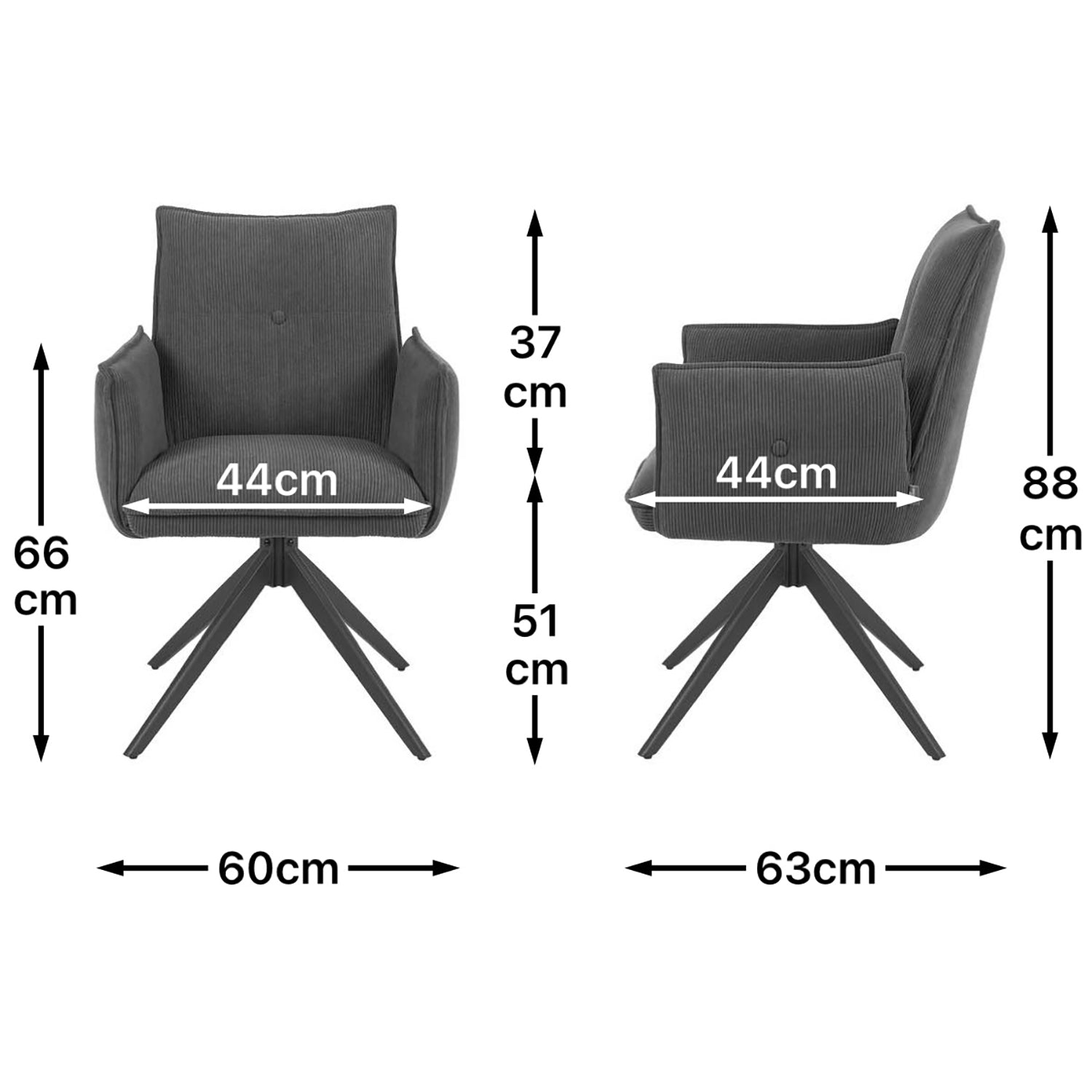 Maßbild für Esszimmerstuhl Mika-Nina 2er-Set | 360° drehbar | Metall pulverbeschichtet Matt-Schwarz | DUBI Möbel