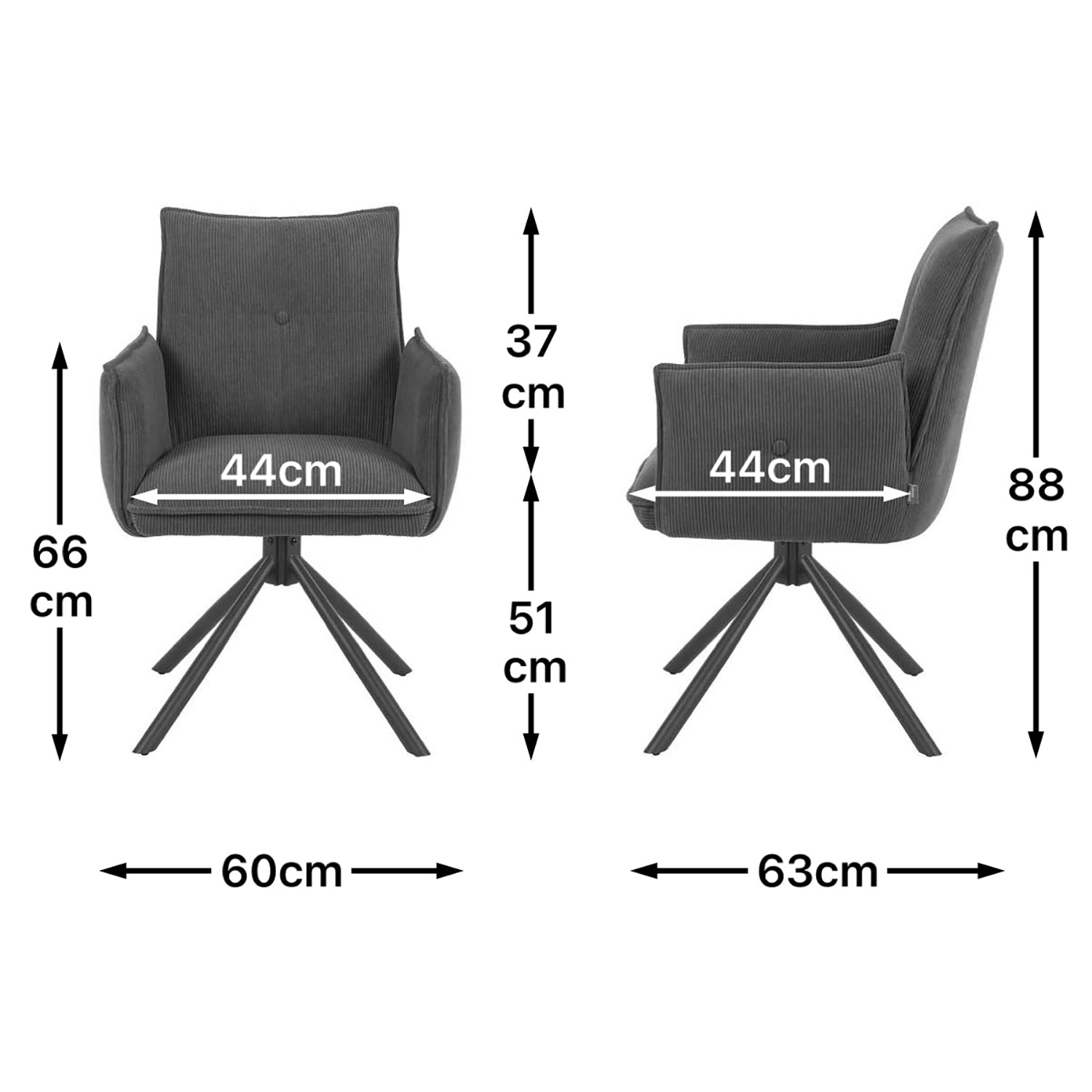 Maßbild für Esszimmerstuhl Mika-Nevio 2er-Set | 360° drehbar | Metall pulverbeschichtet Matt Schwarz | DUBI Möbel