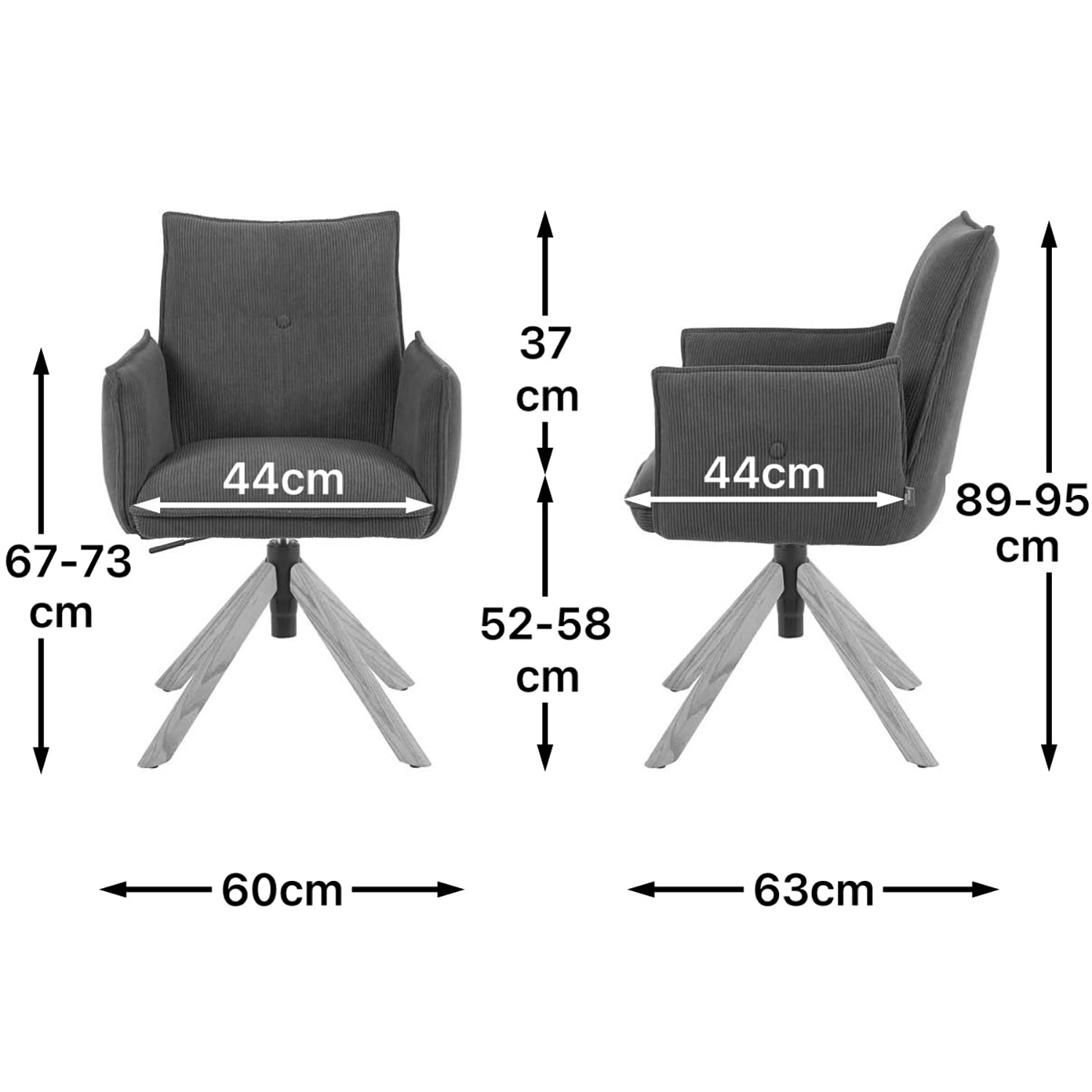 Maßbild für Esszimmerstuhl Mika-Leya 2er-Set | 360° drehbar | höhenverstellbar | Eiche geölt Natur | DUBI Möbel
