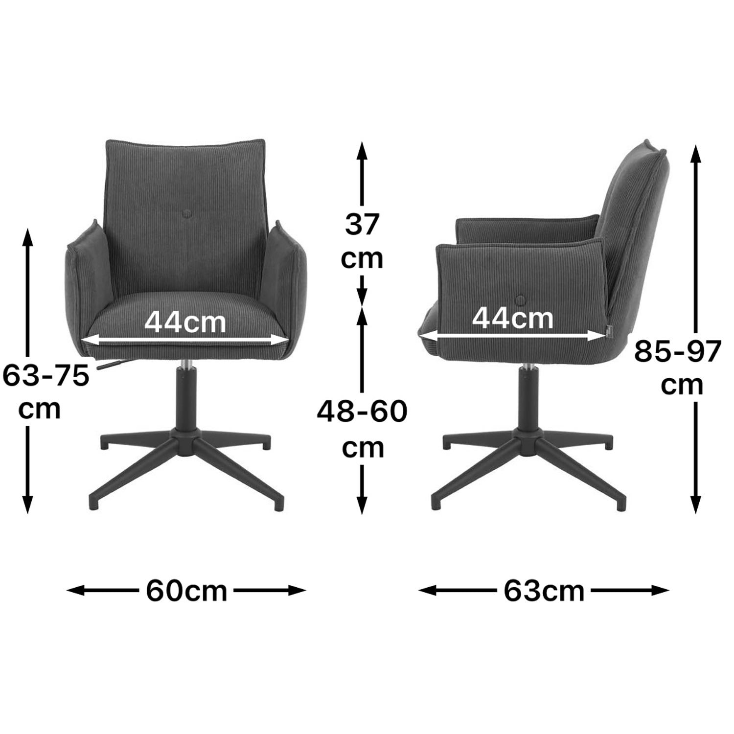 Maßbild für Esszimmerstuhl Mika-Till 2er-Set | 360° drehbar | höhenverstellbar | Metall pulverbeschichtet Matt-Schwarz | DUBI Möbel