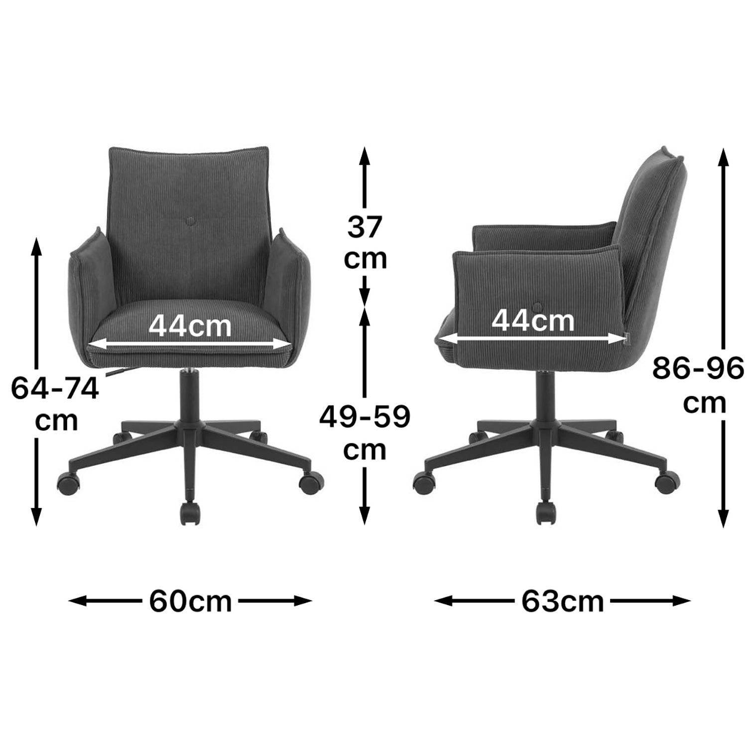 Maßbild für Bürostuhl Mika-Malu 2er-Set | mit Rollen | 360° drehbar | höhenverstellbar | pulverbeschichtet Matt-Schwarz | DUBI Möbel