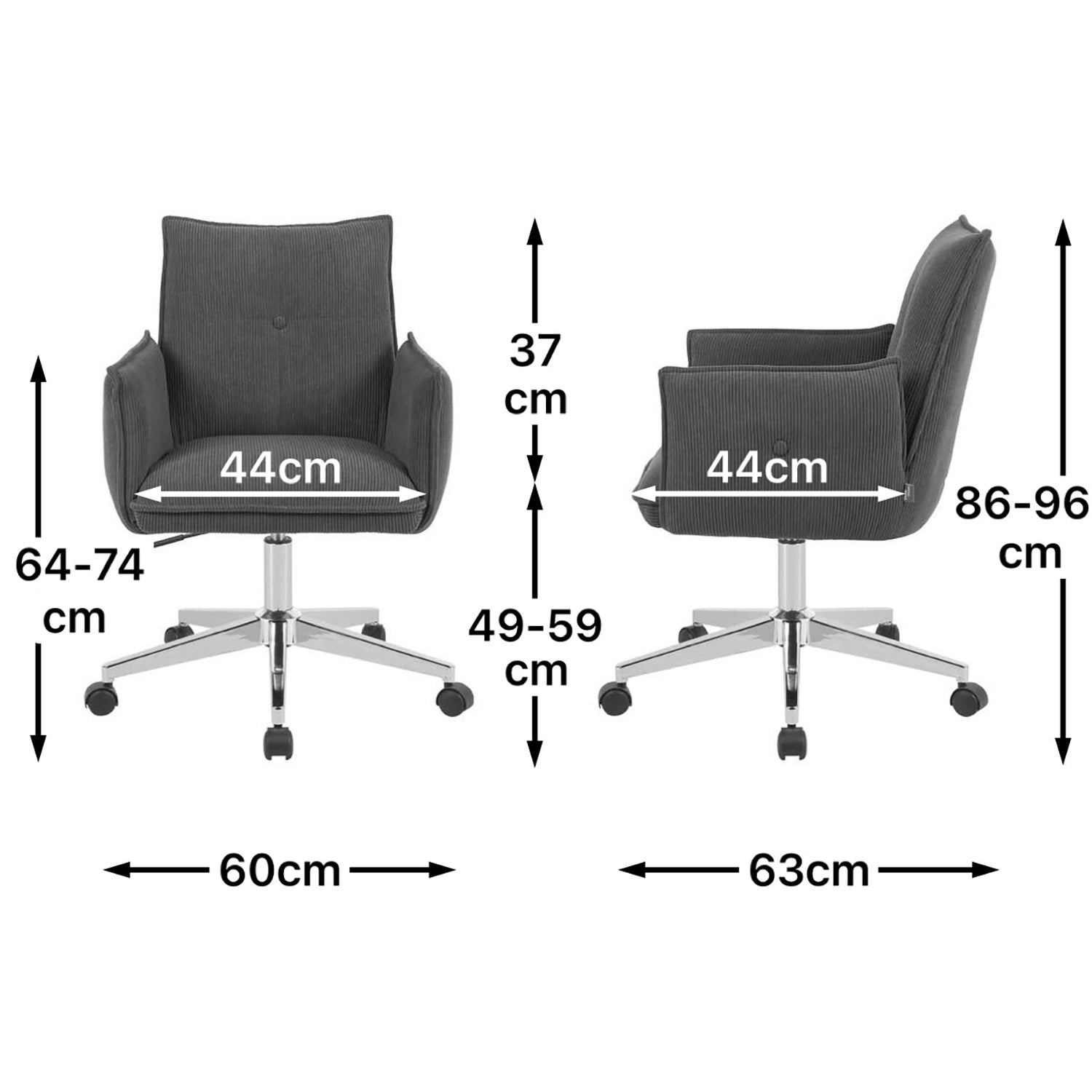 Maßbild für Bürostuhl Mika-Cleo 2er-Set | mit Rollen | 360° drehbar | höhenverstellbar | Chrom | DUBI Möbel