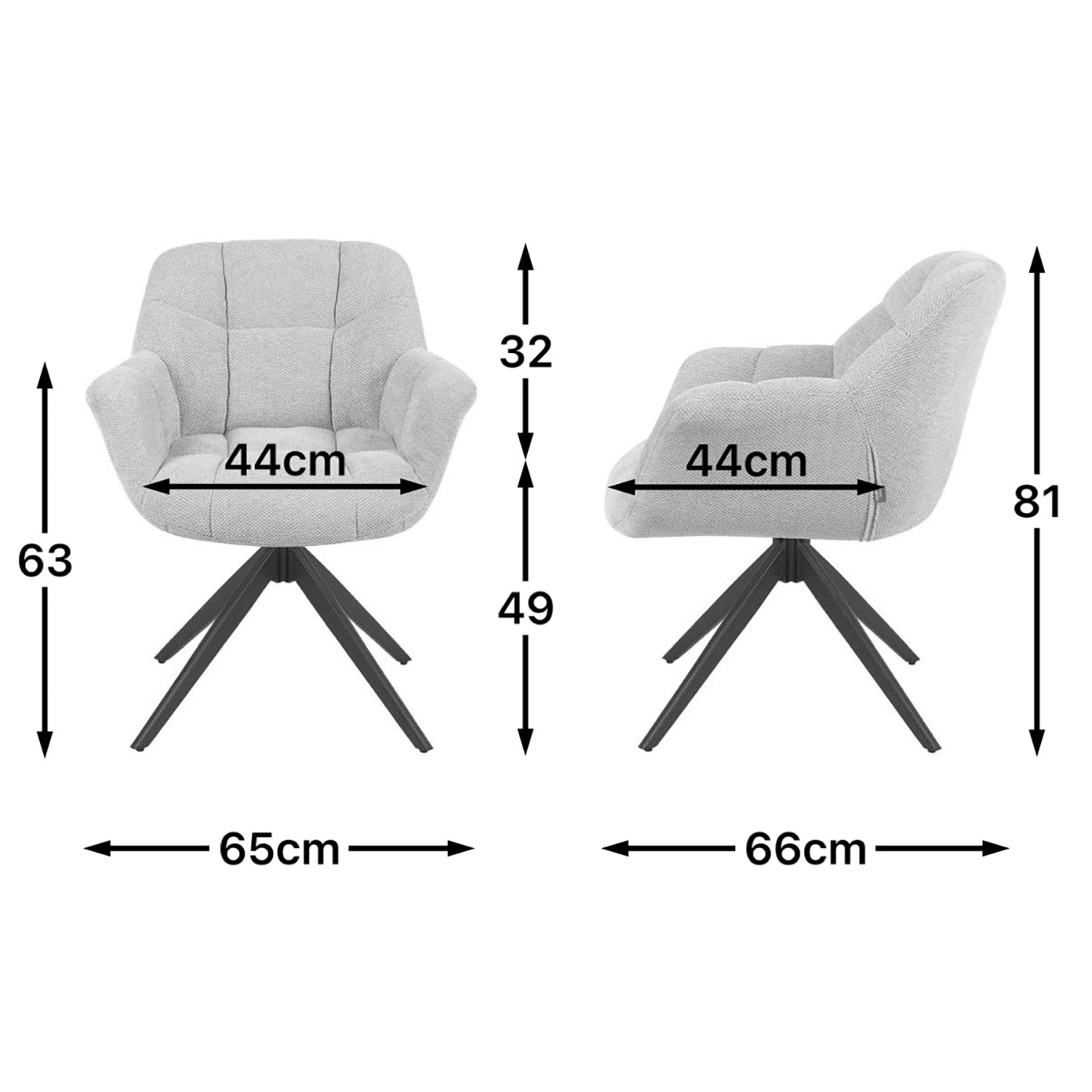 Maßbild für Esszimmerstuhl Mika-Mila 2er-Set | 360° drehbar | Metall pulverbeschichtet Matt-Schwarz | DUBI Möbel