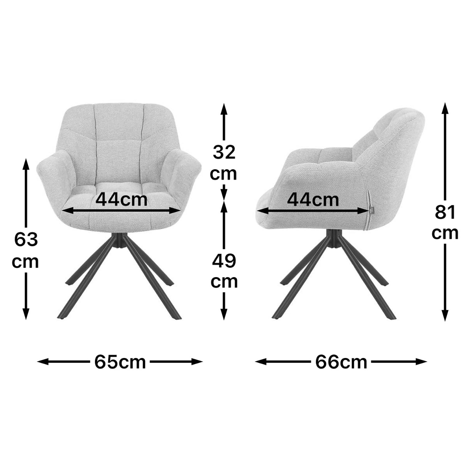 Maßbild für Esszimmerstuhl Mika-Luka 2er-Set | 360° drehbar | Metall pulverbeschichtet Matt Schwarz | DUBI Möbel