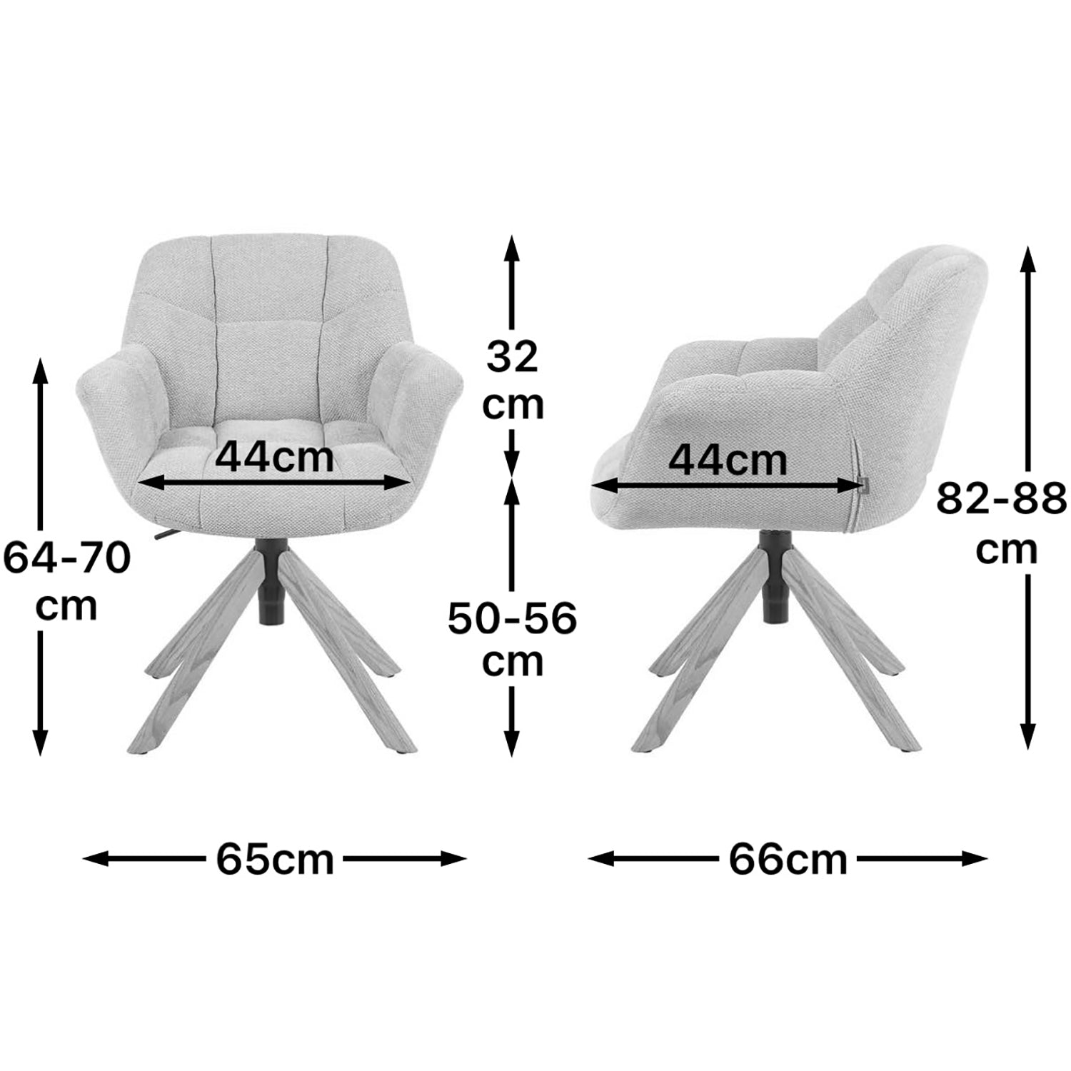 Maßbild für Esszimmerstuhl Mika-Iven 2er-Set | 360° drehbar | höhenverstellbar | Eiche geölt Natur | DUBI Möbel