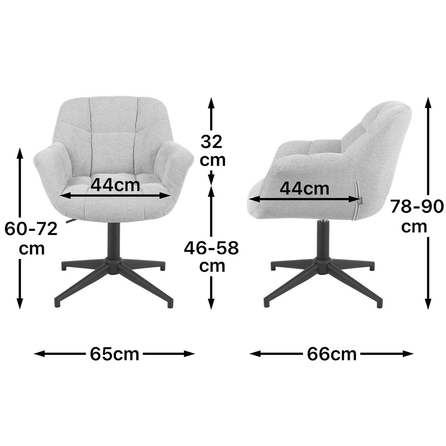 Maßbild für Esszimmerstuhl Mika-Nala 2er-Set | 360° drehbar | höhenverstellbar | Metall pulverbeschichtet Matt-Schwarz | DUBI Möbel