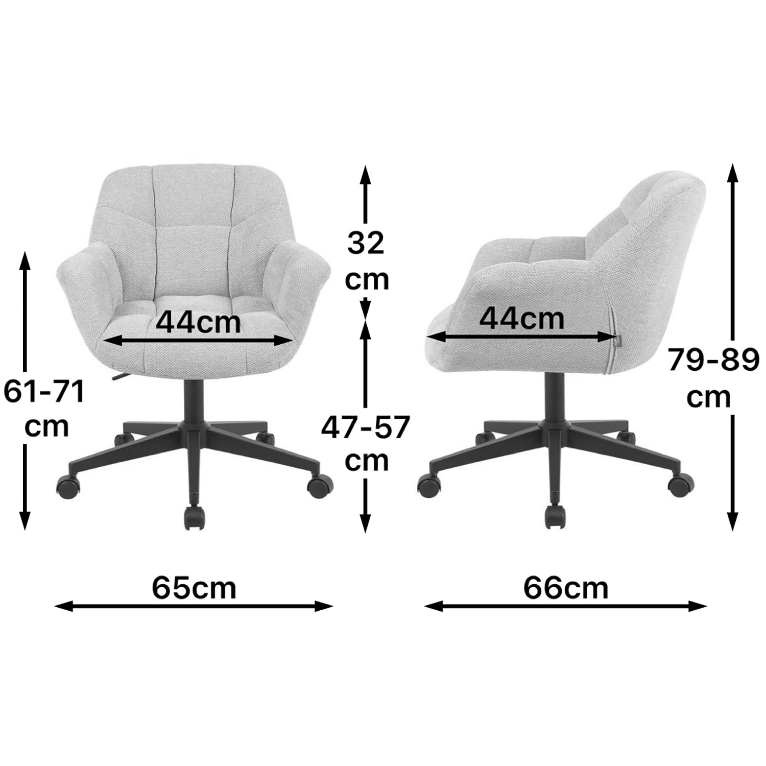 Maßbild für Bürostuhl Mika-Nuri 2er-Set | mit Rollen | 360° drehbar | höhenverstellbar | pulverbeschichtet Matt-Schwarz | DUBI Möbel