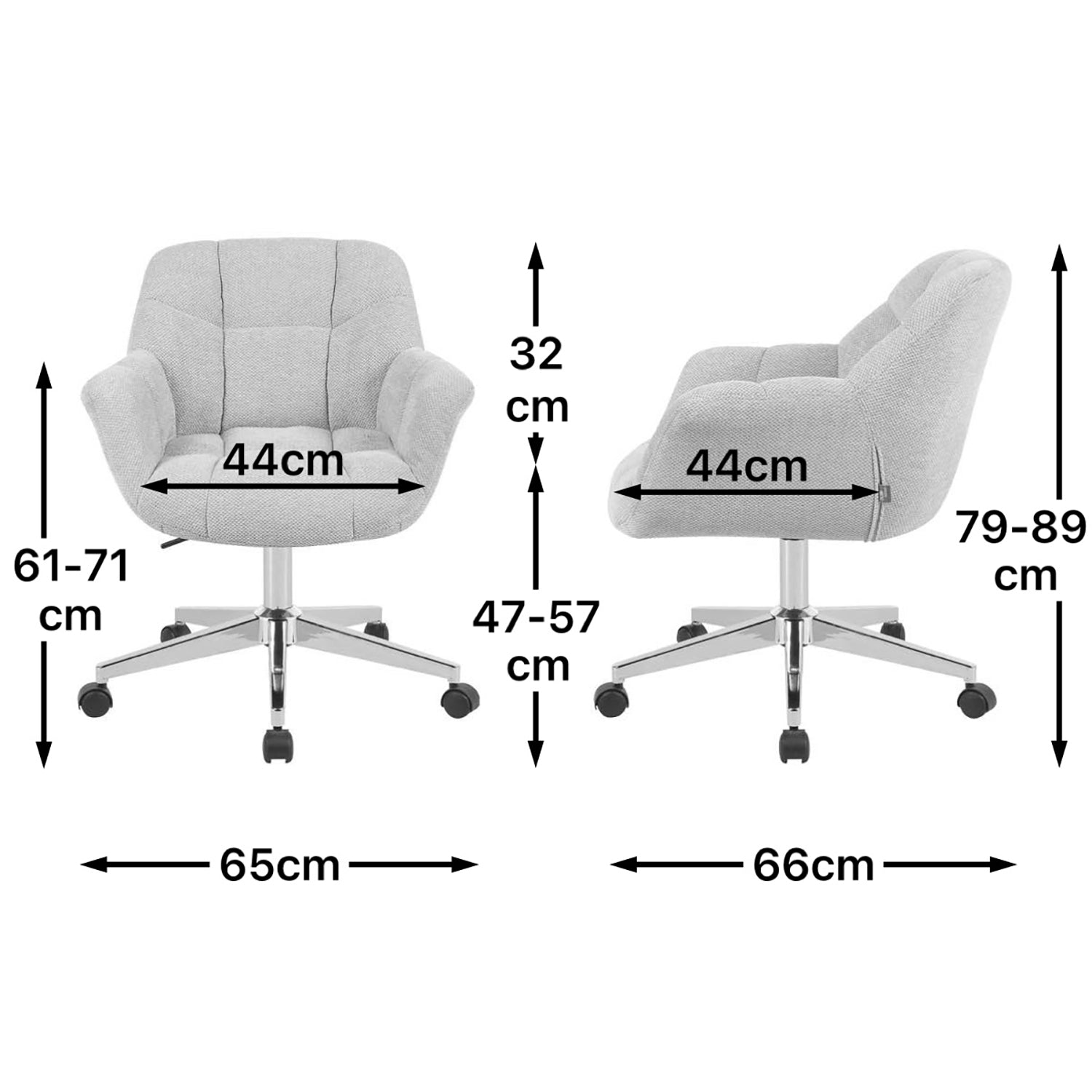 Maßbild für Bürostuhl Mika-Nio 2er-Set | mit Rollen | 360° drehbar | höhenverstellbar | Chrom | DUBI Möbel