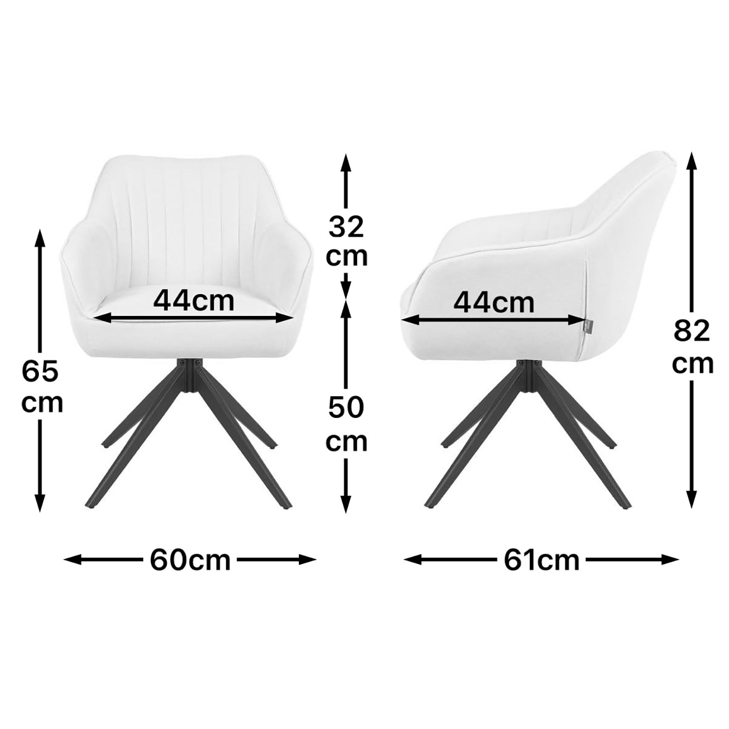 Maßbild für Esszimmerstuhl Mika-Kian 2er-Set | 360° drehbar | Metall pulverbeschichtet Matt-Schwarz | DUBI Möbel